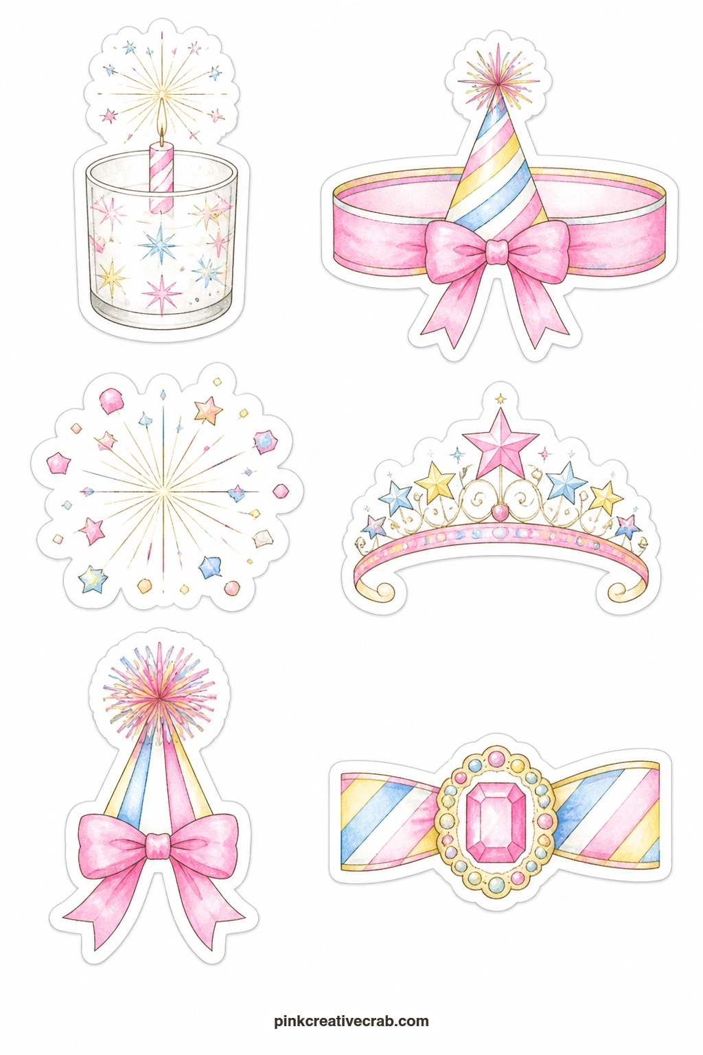 Sparkler Trio Stickers printable page — Six more party accents round out this group: a candle holder, a party hat band, a confetti burst, a tiara band, a cone