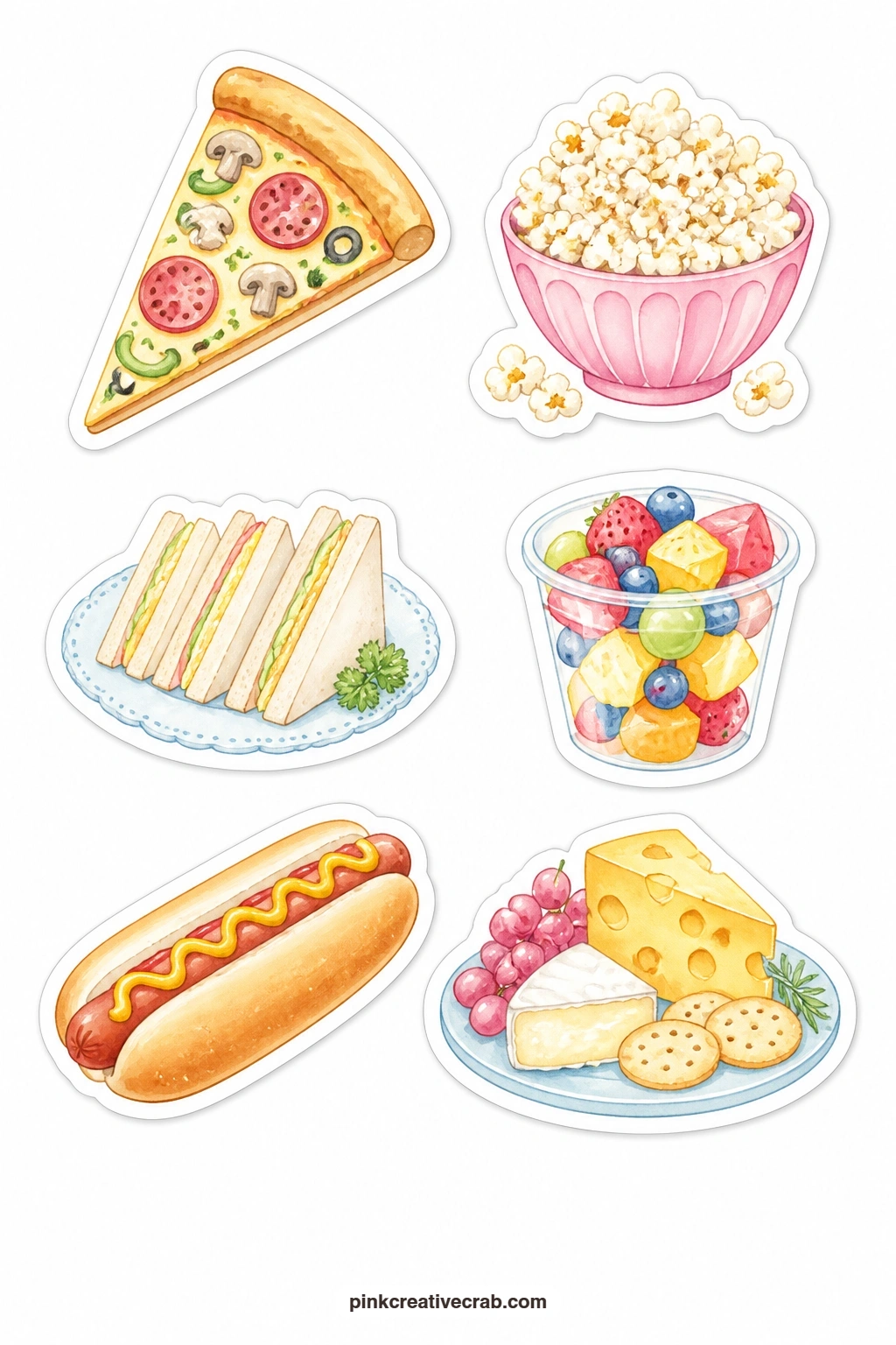 Pizza Slice Stickers printable page — Feed a sweets-table spread with a pizza slice, a popcorn bowl, a sandwich plate, a fruit cup, a hot dog and a cheese
