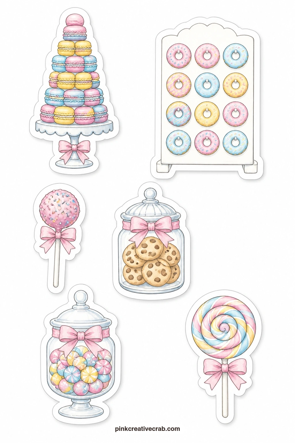 Macaron Tower Stickers printable page — A macaron tower, a donut wall, a cake pop, a cookie jar, a candy jar and a lollipop make up this sweets-table sheet