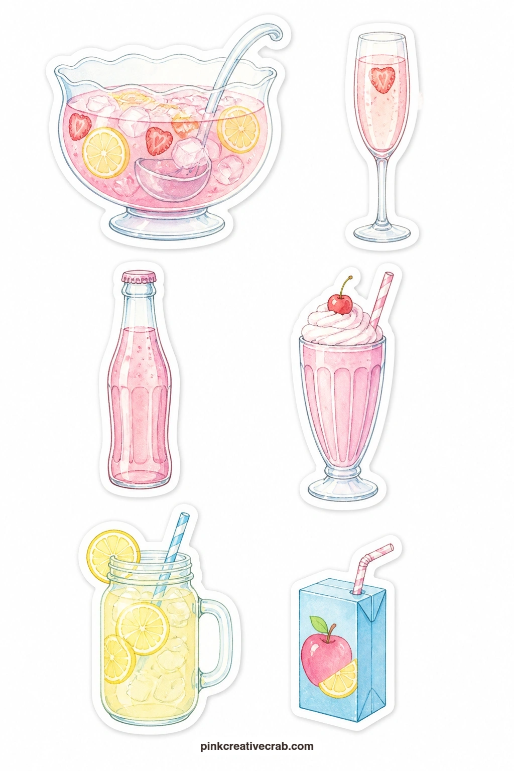 Punch Bowl Stickers printable page — A punch bowl, a champagne glass, a soda bottle, a milkshake, a lemonade jar and a juice box fill out the drinks sheet, six