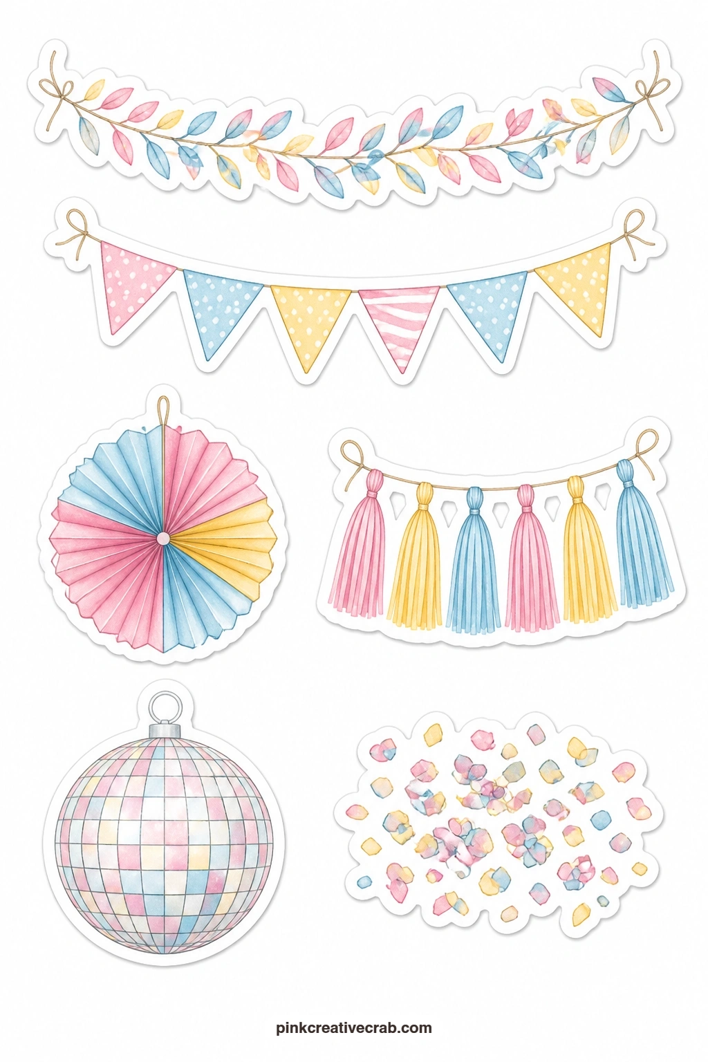 Garland And Bunting Stickers printable page — Six decor pieces string the party together: a garland, a bunting banner, a paper fan, a tassel garland, a disco