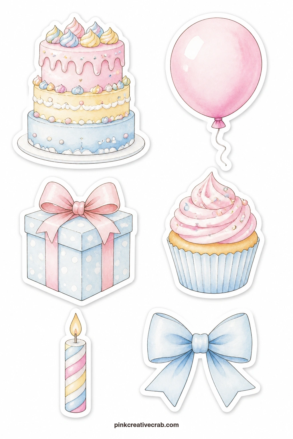 Pastel Cake Stickers printable page — Soft and matched for one colour story, this sheet carries a pastel cake, a pastel balloon, a pastel gift, a pastel