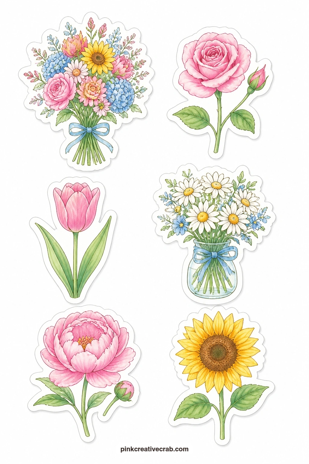 Birthday Bouquet Stickers printable page — A bouquet, a rose, a tulip, a vase of daisies, a peony and a sunflower bring a floral note to the birthday page, six