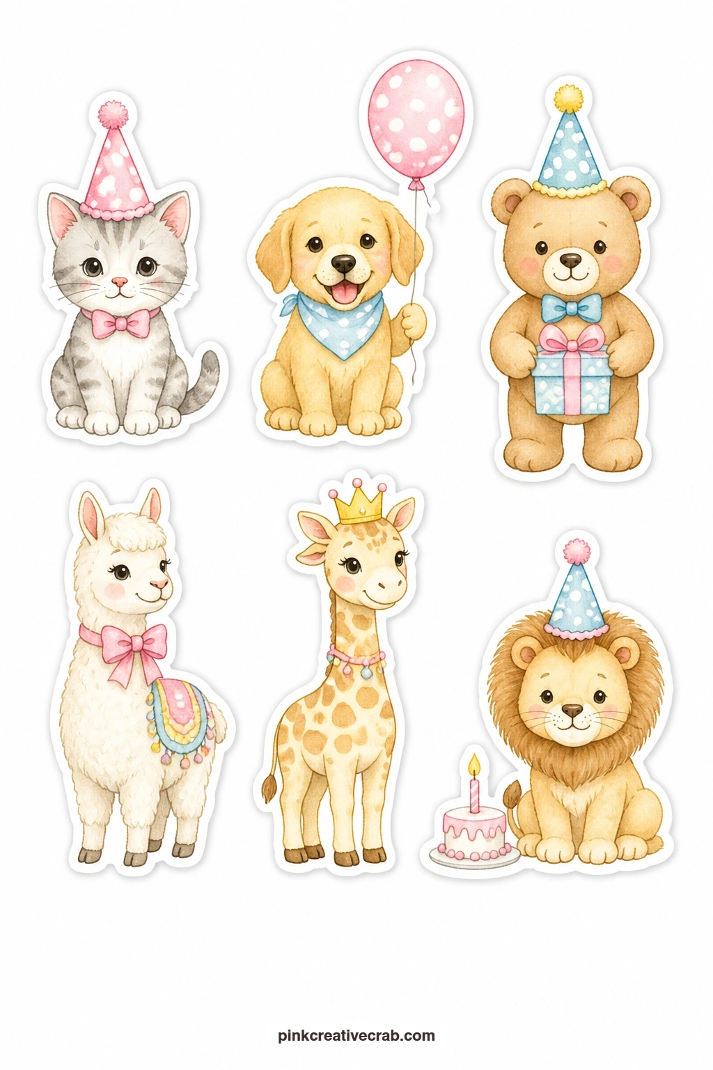 Party Cat Stickers printable page — Six animals dress up for the occasion on this sheet: a cat in a party hat, a dog holding a balloon, a bear with a gift, a