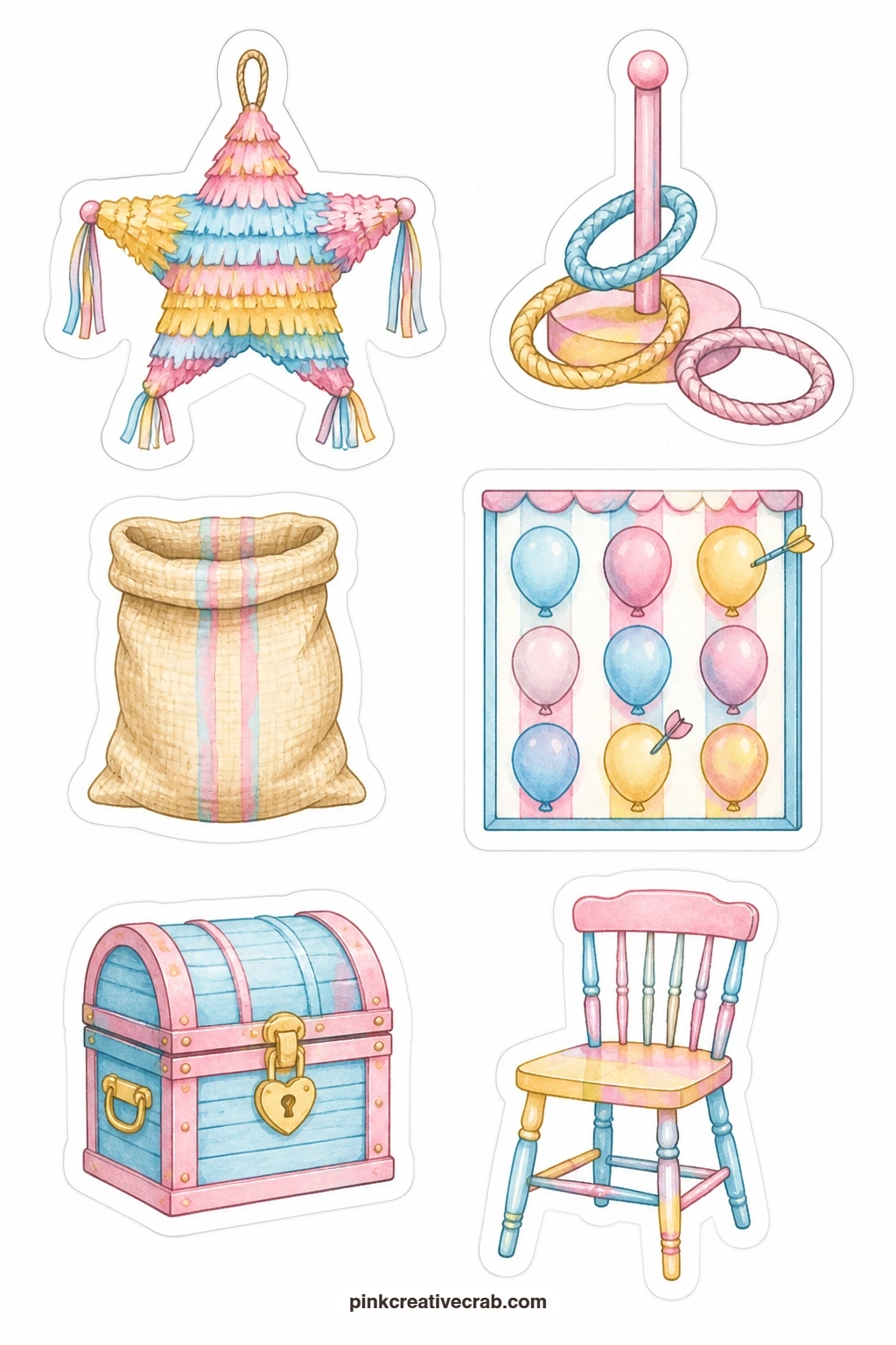 Pinata Stickers printable page — A pinata, a ring toss, a sack race sack, a balloon pop board, a treasure chest and a musical chair cover the games corner of