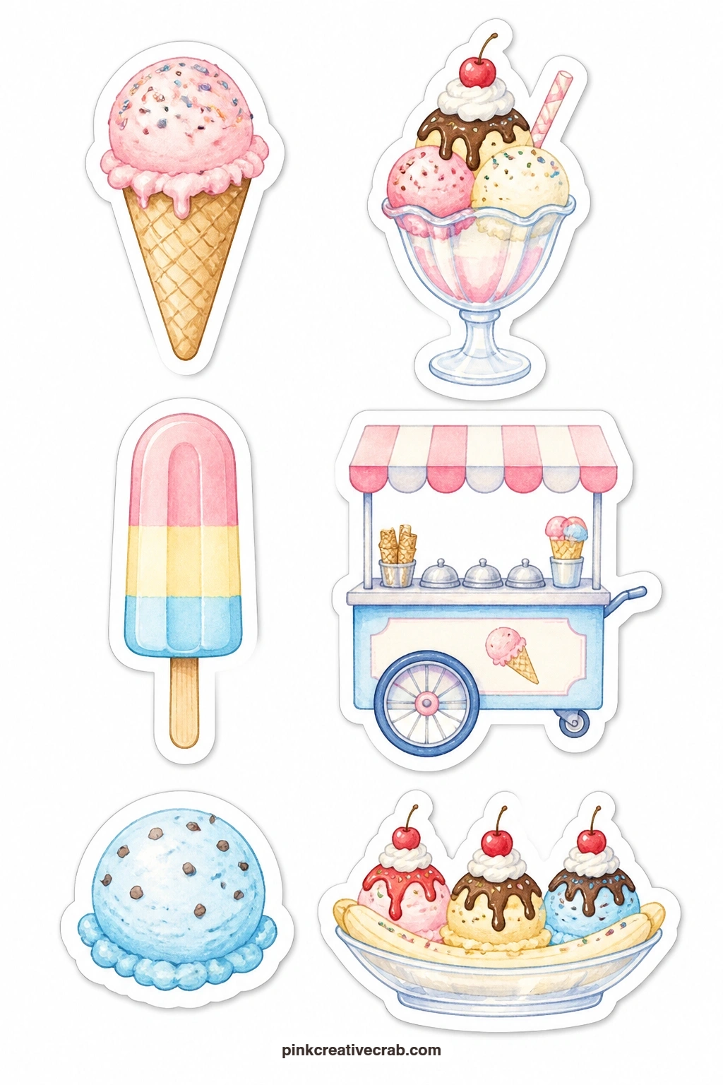 Ice Cream Cone Stickers printable page — An ice cream cone, a sundae, a popsicle, an ice cream cart, a single scoop and a banana split round out the ice cream