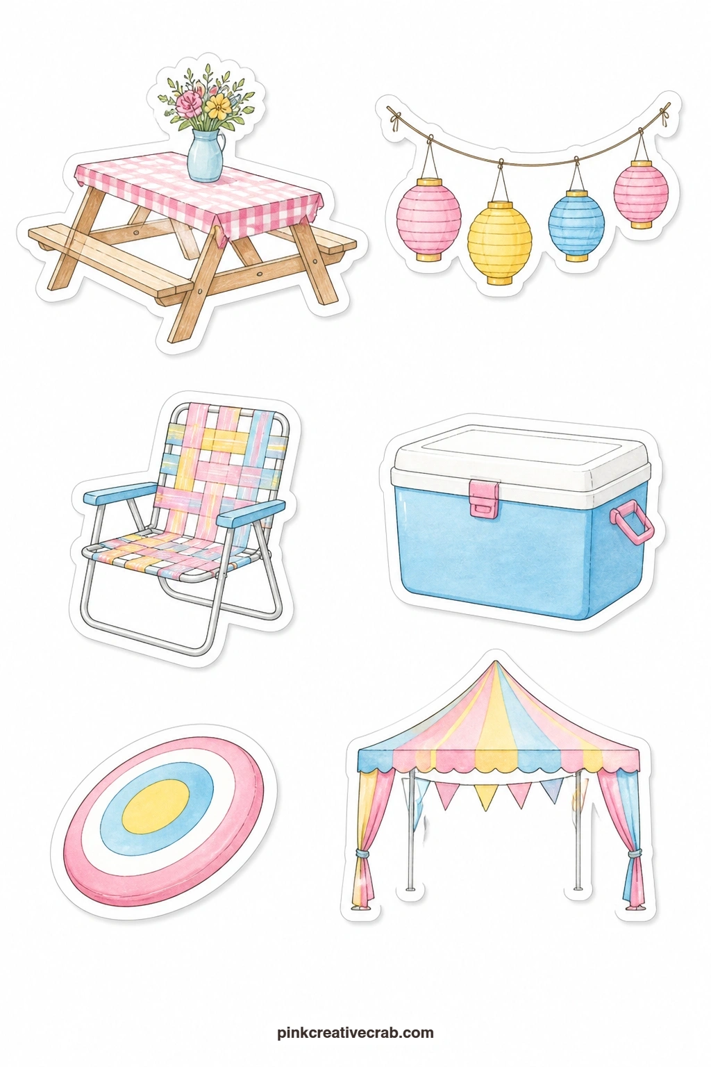 Picnic Table Stickers printable page — Take the celebration outside with a picnic table, a lantern string, a lawn chair, a cooler, a frisbee and a party tent