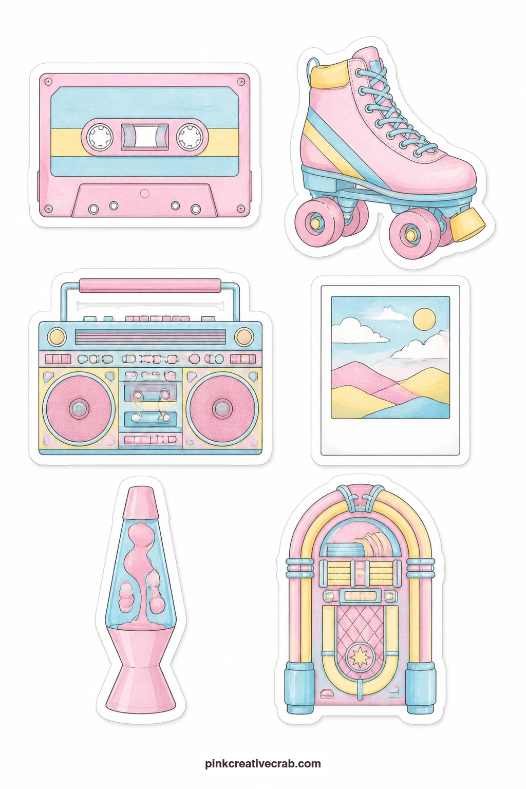 Cassette Tape Stickers printable page — A cassette tape, a roller skate, a boombox, an instant photo, a lava lamp and a jukebox bring a throwback note to the