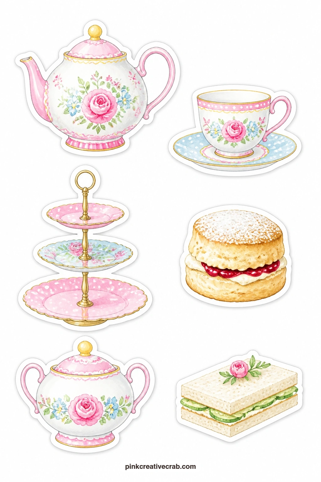Teapot Stickers printable page — A teapot, a teacup, a tiered stand, a scone, a sugar bowl and a tea sandwich make up this gentle sheet, six pieces for a tea