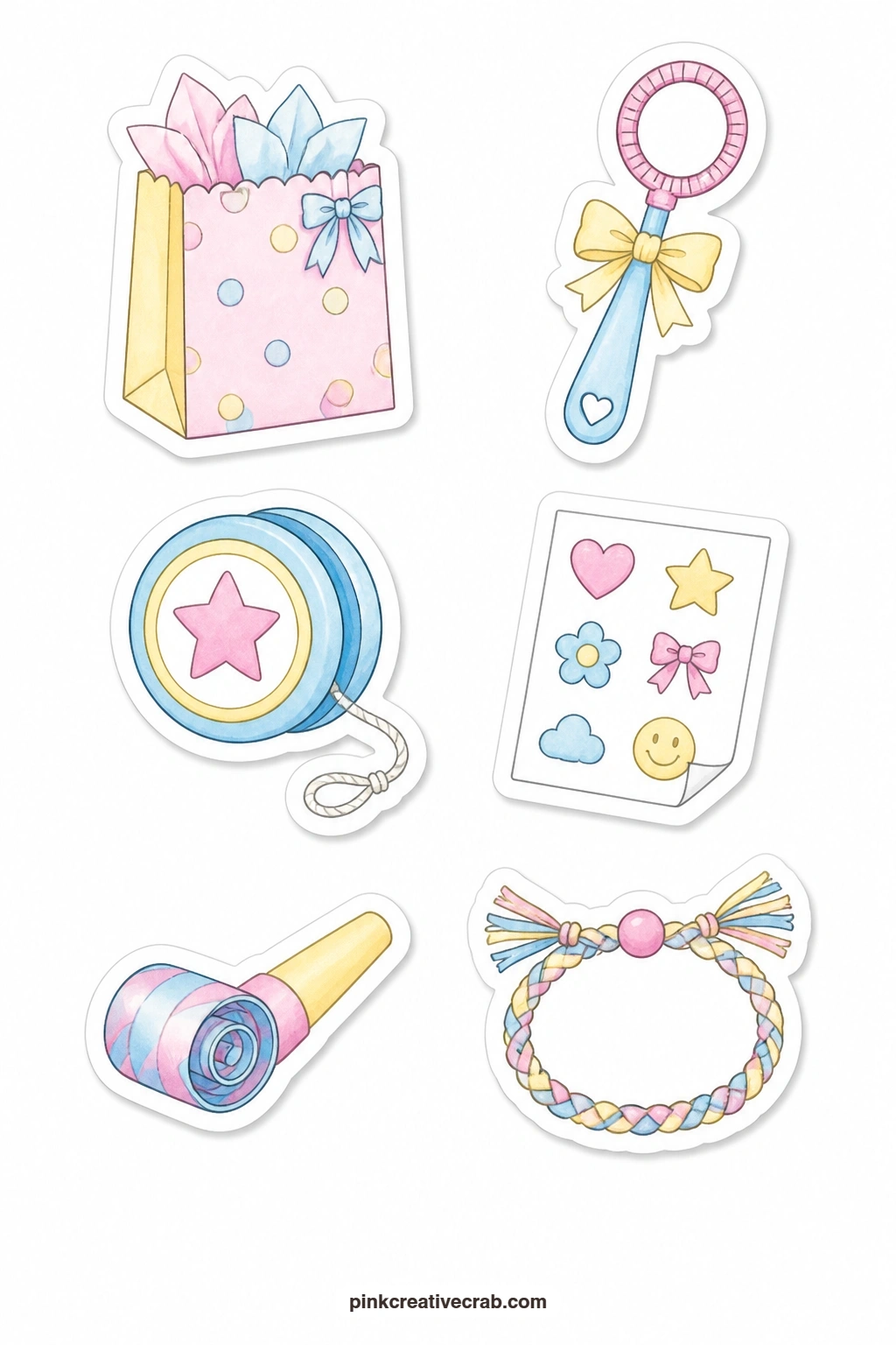 Party Favor Stickers printable page — A favor bag, a bubble wand, a yo-yo, a mini sticker sheet, a whistle and a bracelet fill the favors sheet, six small
