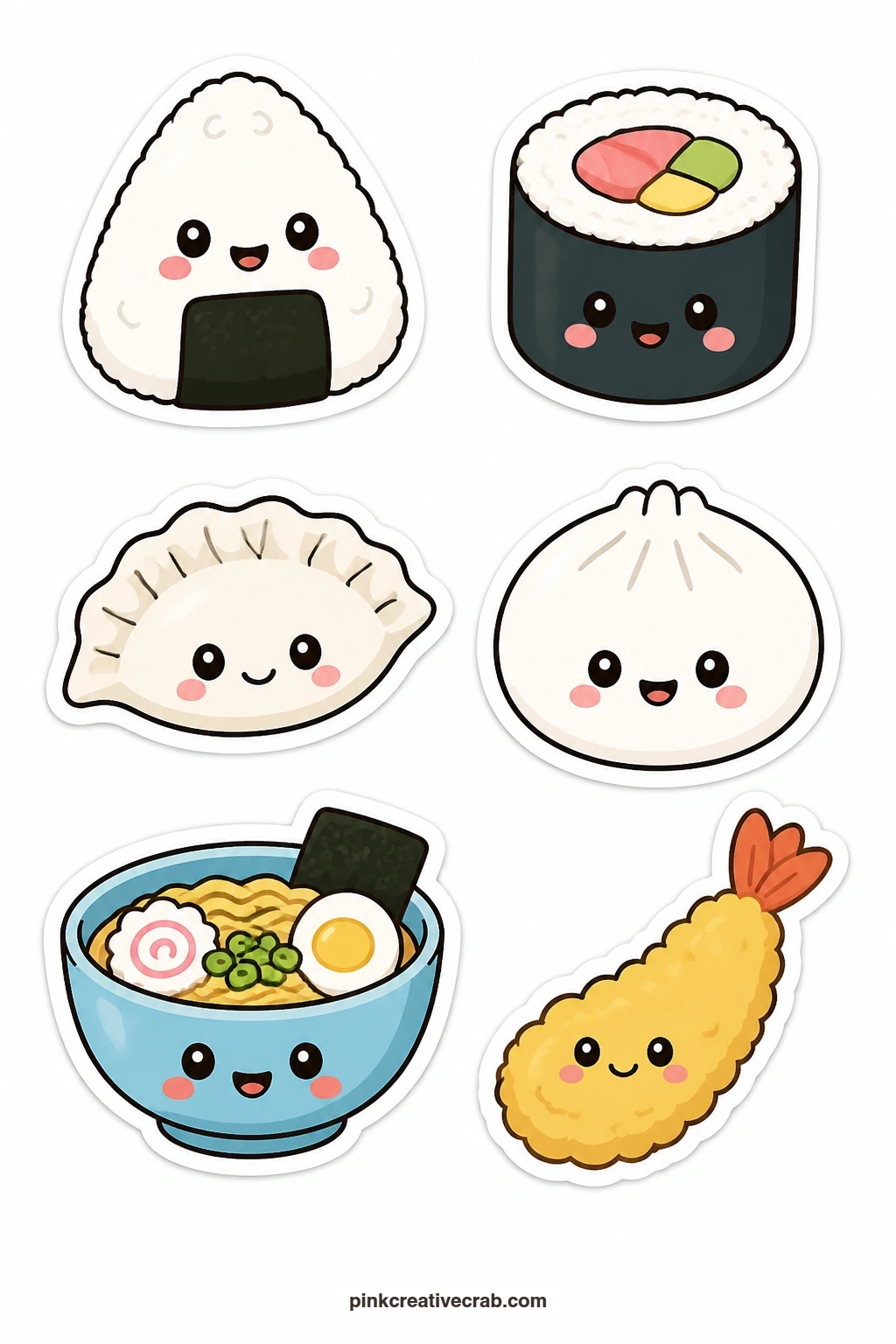 Kawaii Food Stickers printable page — Rice, noodles and dumplings get the full treatment here: a smiling onigiri, a happy sushi roll, a dumpling with a face, a