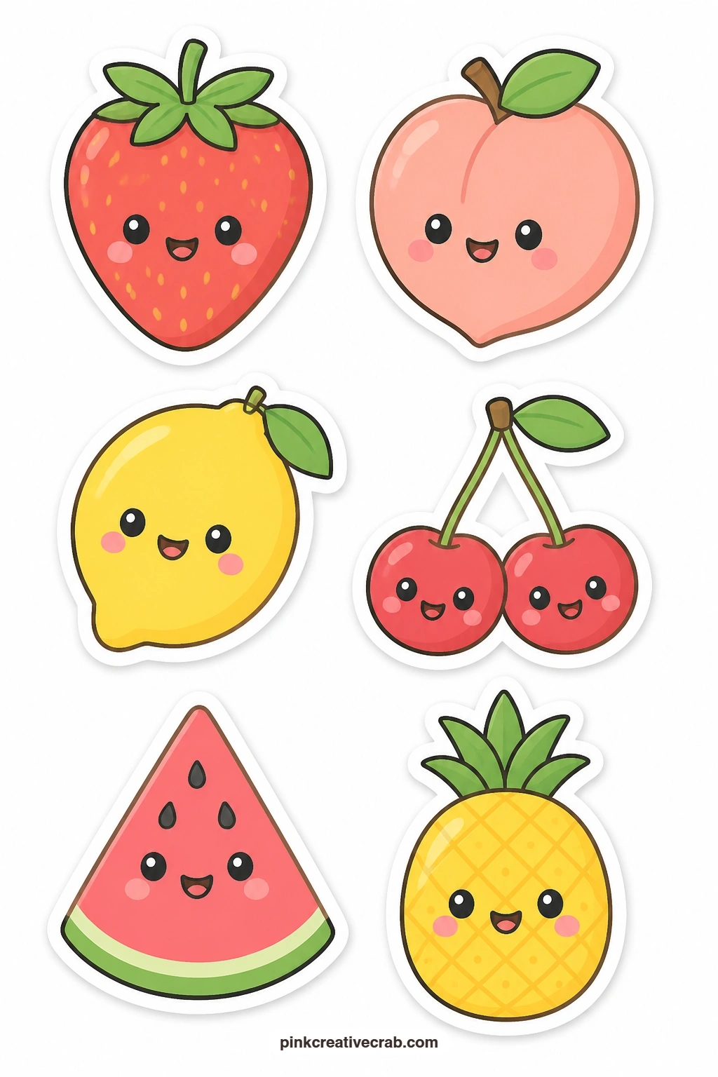 Kawaii Fruit Stickers printable page — Drop this sheet into a planner week built around fresh starts or spring: a smiling strawberry, a blushing peach, a happy