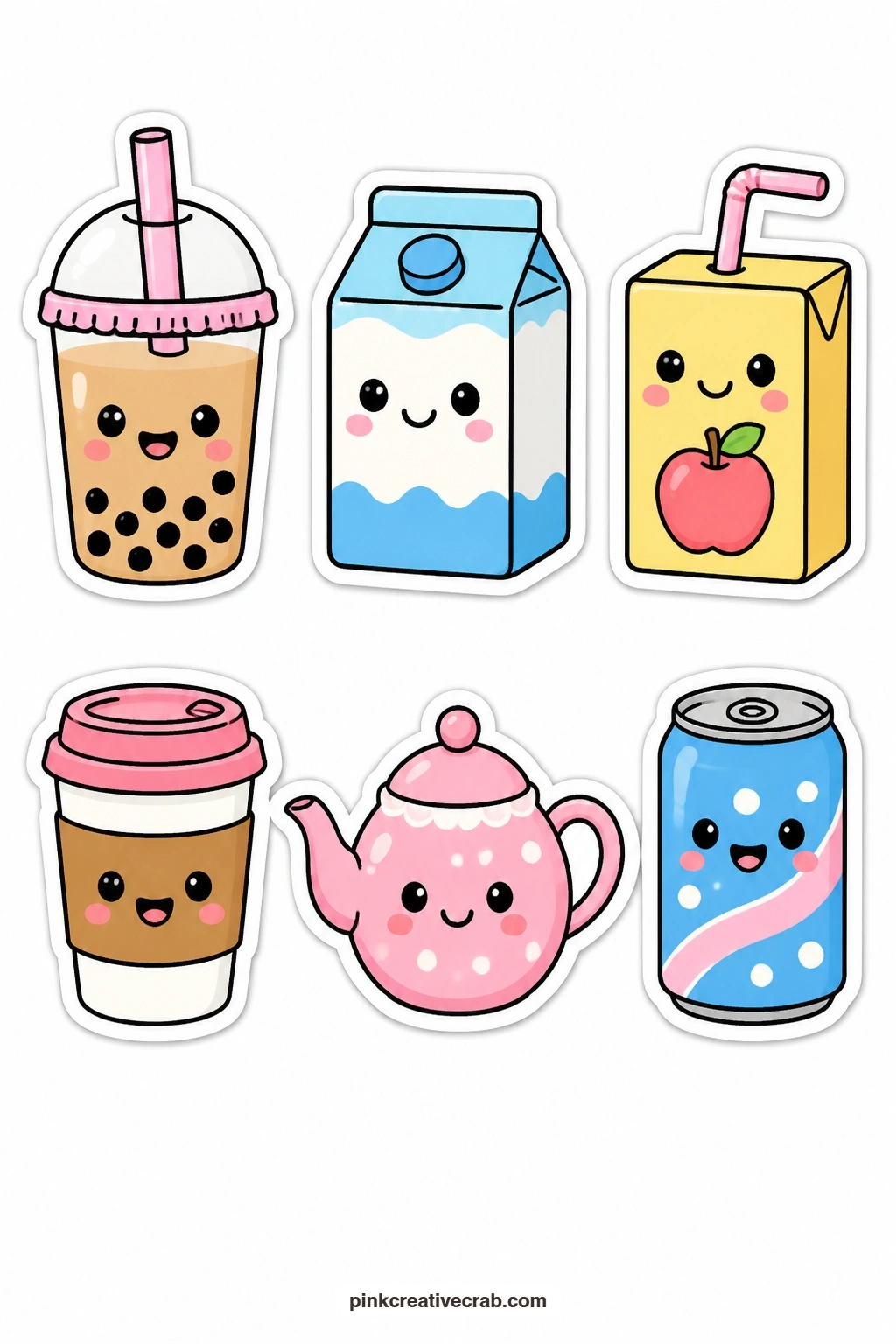 Kawaii Drinks Stickers printable page — Sip-sized and full of personality, this sheet covers a boba cup with a face, a milk carton with a face, a juice box