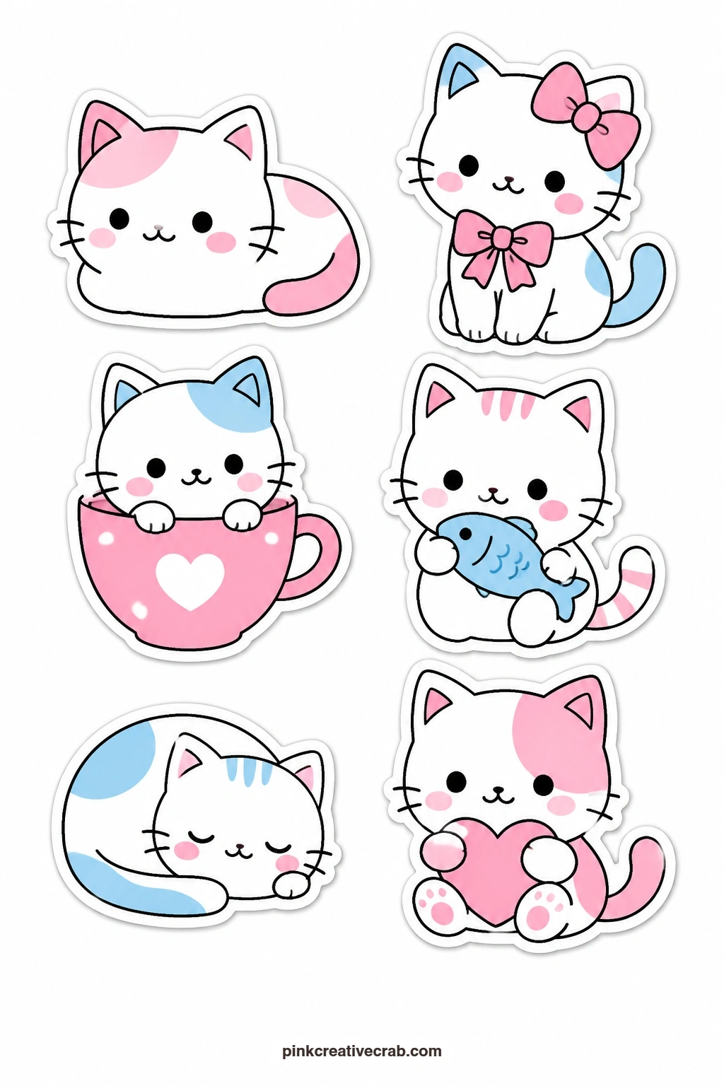 Kawaii Cats Stickers printable page — Print this one on sticker paper for a true peel-and-stick cat loaf, cat with a bow, cat in a cup, cat with a fish, sleepy