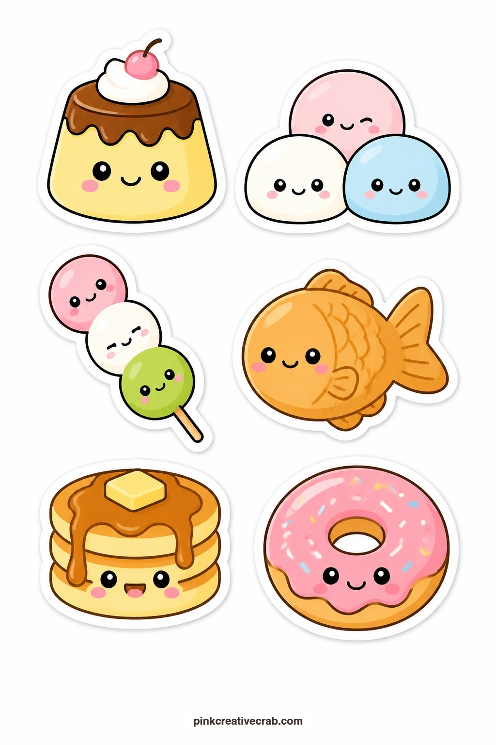 Kawaii Desserts Stickers printable page — A tiny dessert case fits on one sheet: pudding with a face, a mochi trio, a dango stick, a taiyaki with a face, a