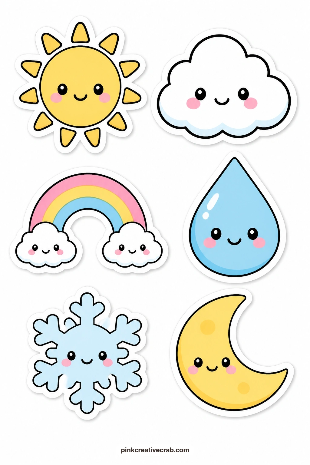 Kawaii Weather Stickers printable page — Mark the actual weather on a planner page, or just brighten a gray week, with a smiling sun, a blushing cloud, a