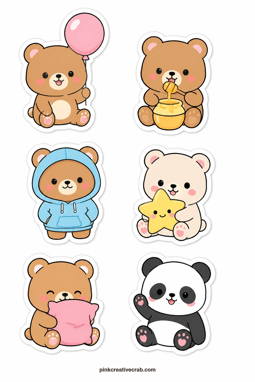Kawaii Bears Stickers printable page — This sheet gathers six soft, round bears doing small comforting things: holding a balloon, eating honey, wearing a