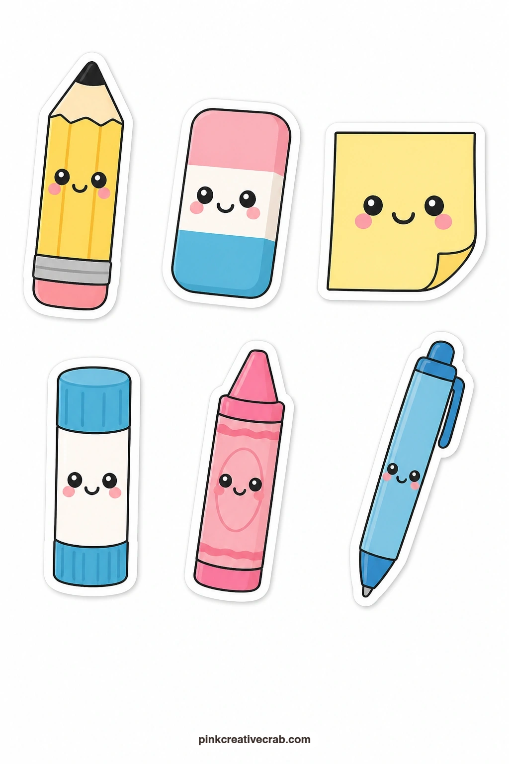 Kawaii Stationery Stickers printable page — Fitting for a stationery-lover's planner, this sheet covers a pencil with a face, an eraser with a face, a sticky