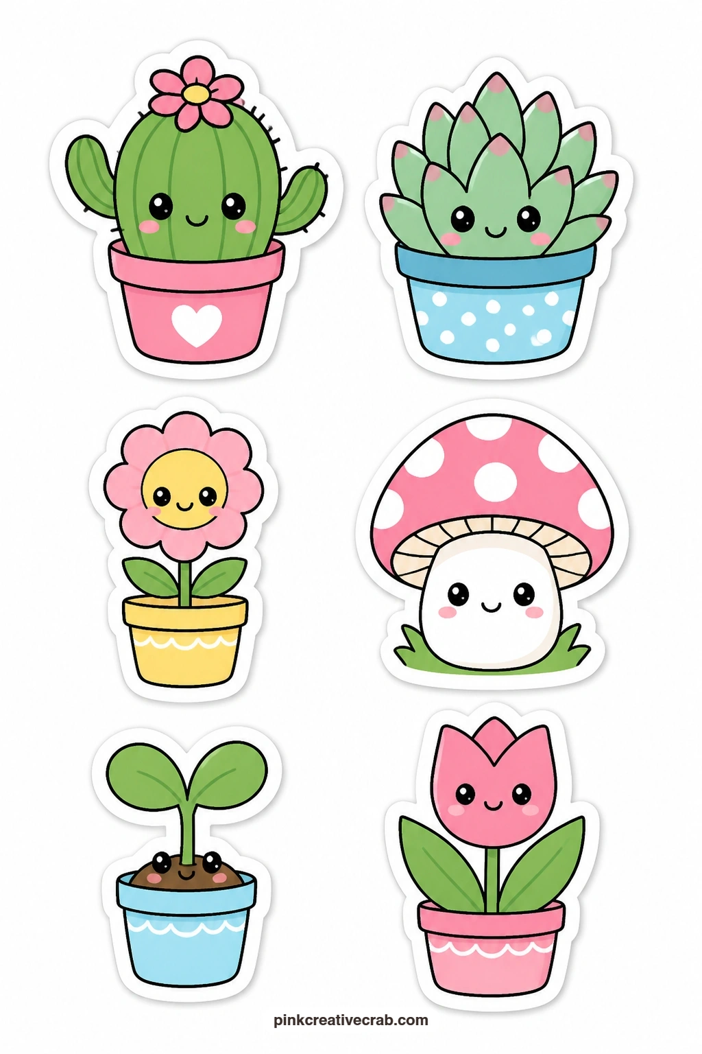 Kawaii Plants Stickers printable page — Cut these on a lazy afternoon and keep them in a small envelope: a cactus with a face, a succulent with blush, a potted