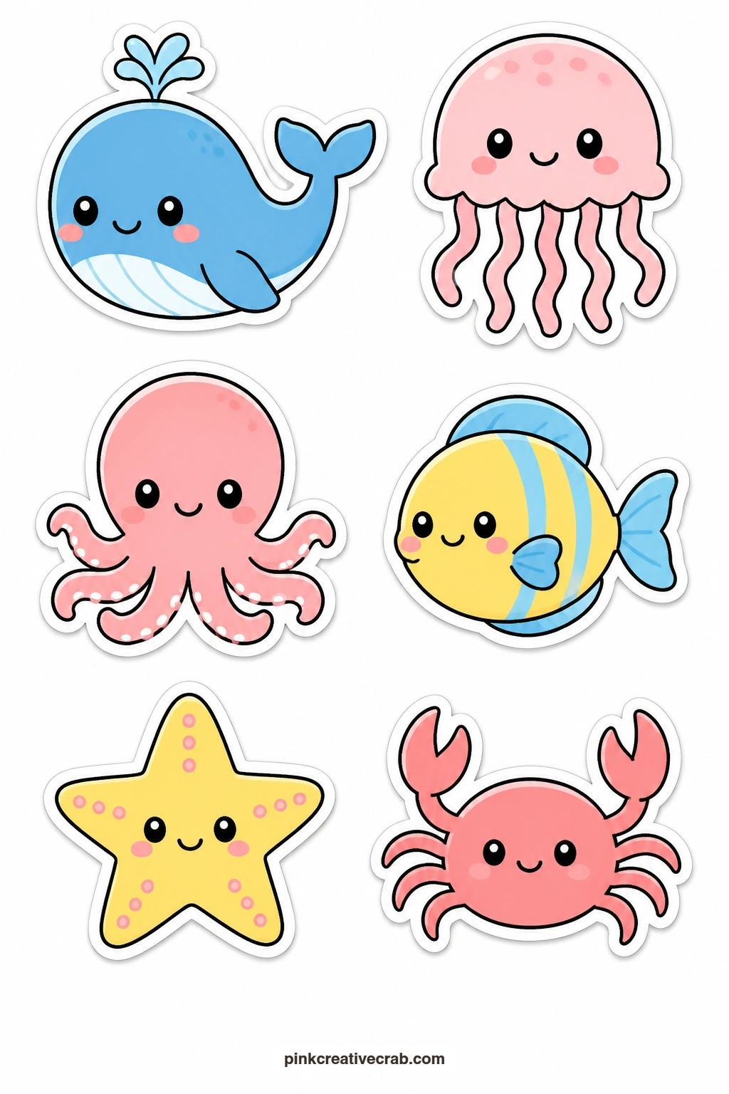 Kawaii Sea Life Stickers printable page — Round out an ocean-themed spread with a whale with a face, a jellyfish with a face, an octopus with a face, a fish