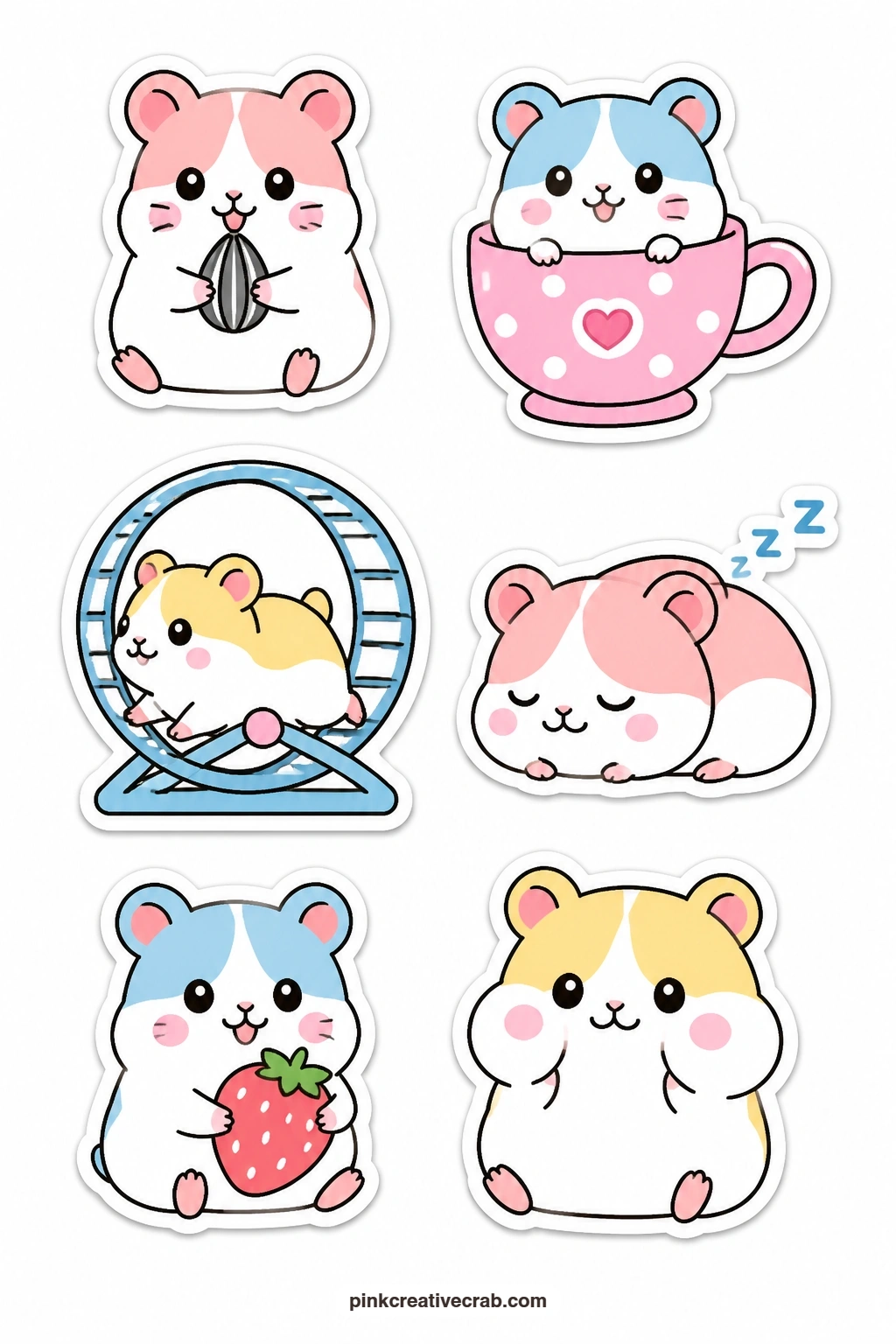 Kawaii Hamsters Stickers printable page — Six round hamsters fill this sheet, each caught in a different small moment: holding a seed, sitting in a cup
