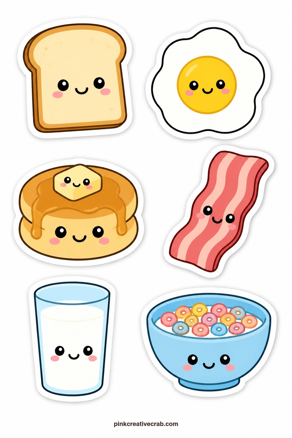 Kawaii Breakfast Stickers printable page — Start a morning planner page with toast, egg, a pancake with a butter face, bacon, milk glass and cereal bowl, all