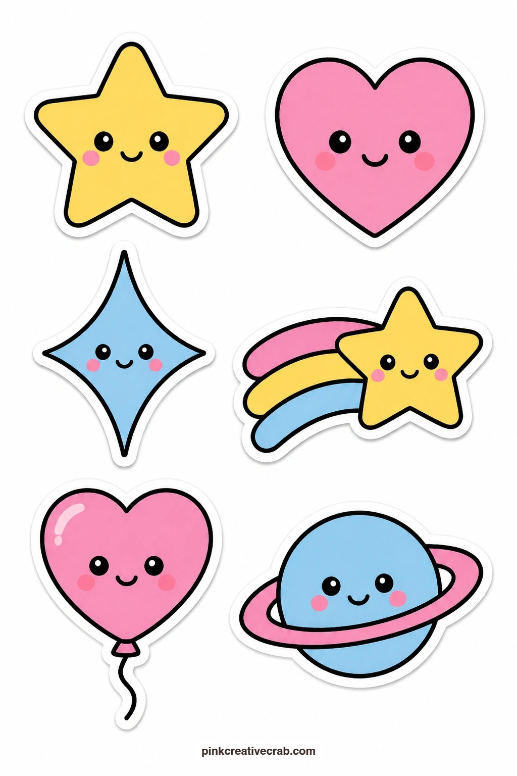 Kawaii Stars And Hearts Stickers printable page — Small enough to tuck anywhere a page needs a finishing touch, this sheet holds a star with a face, a heart