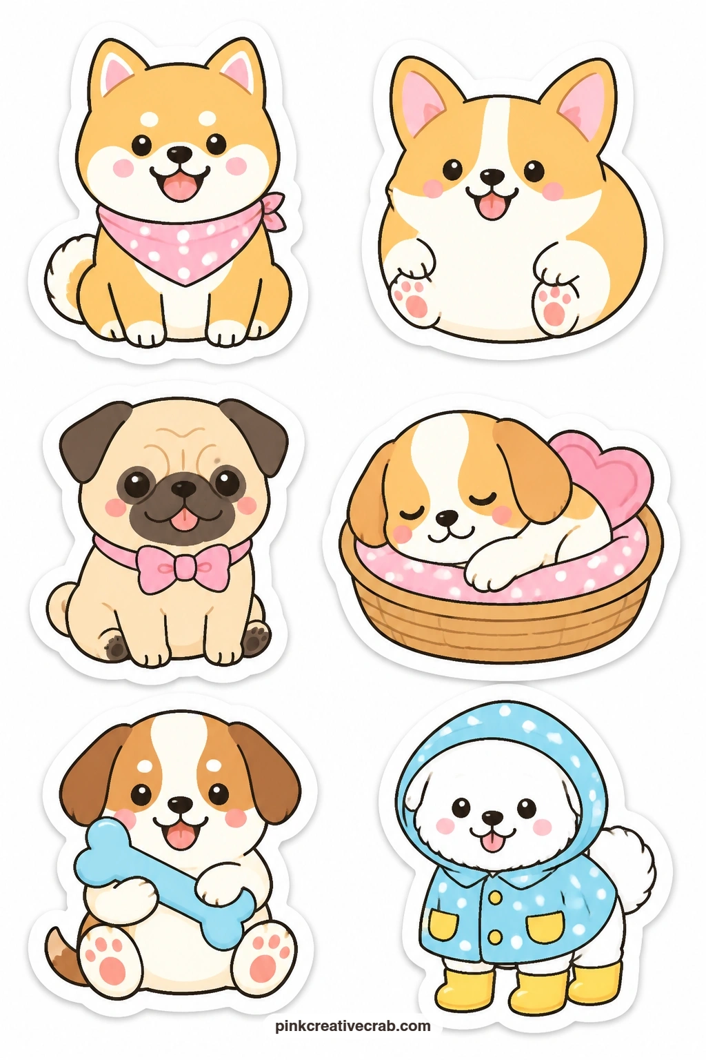 Kawaii Dogs Stickers printable page — This sheet gathers six different dogs in one cheerful lineup: a shiba inu, a round corgi, a pug with a bow, a puppy