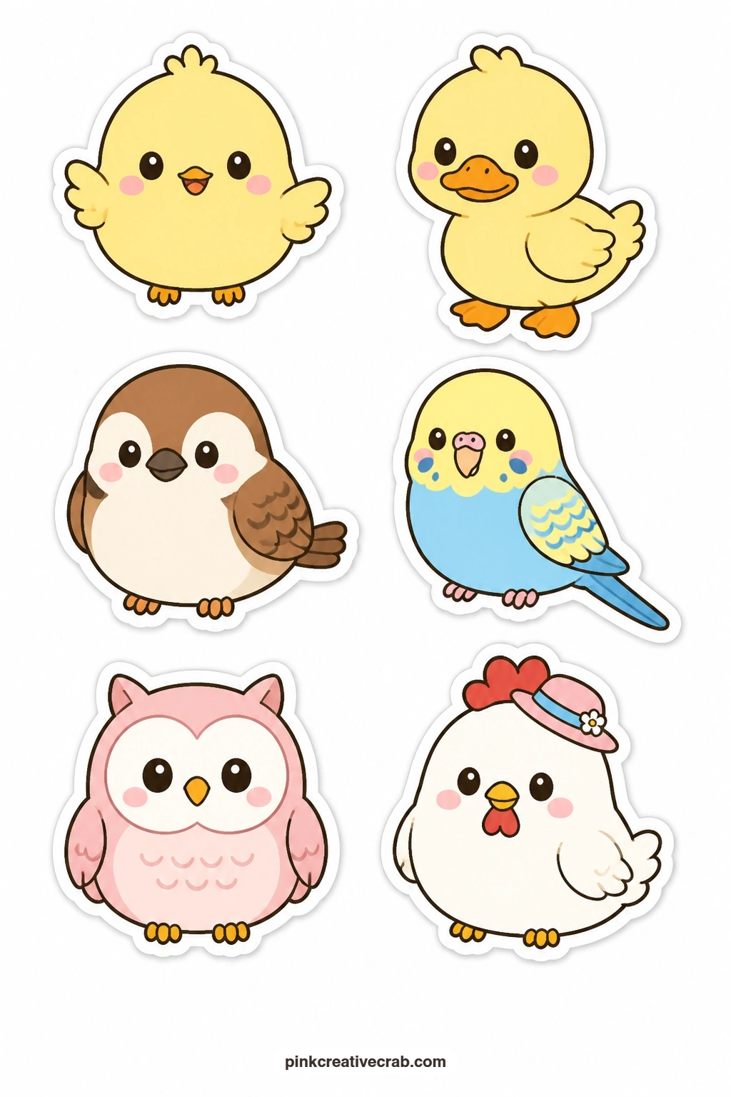 Kawaii Birds Stickers printable page — Soft and rounded, this sheet covers a chick, a duckling, a round sparrow, a parakeet, a baby owl and a chicken wearing a