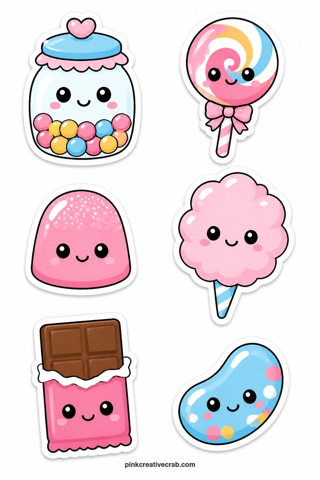 Kawaii Sweets Shop Stickers printable page — A candy jar with a face, lollipop, gumdrop, cotton candy, chocolate bar and jelly bean fill this sheet, six sweet