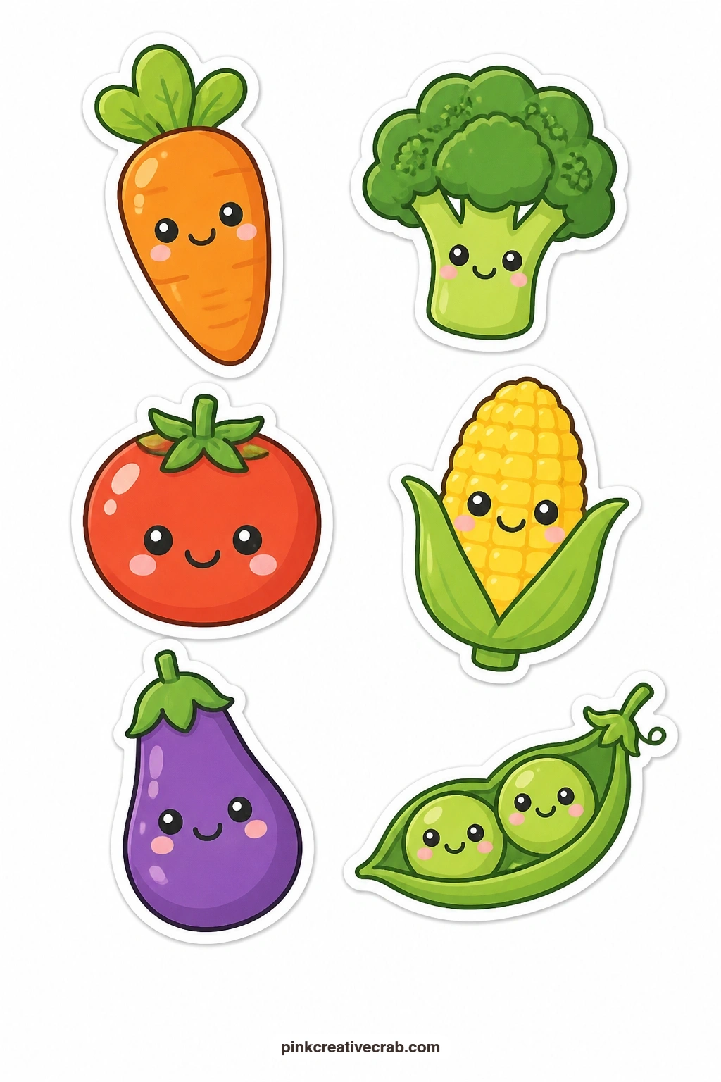 Kawaii Vegetables Stickers printable page — Six garden vegetables carry faces here: a carrot, a broccoli floret, a tomato, a corn cob, an eggplant and a pea
