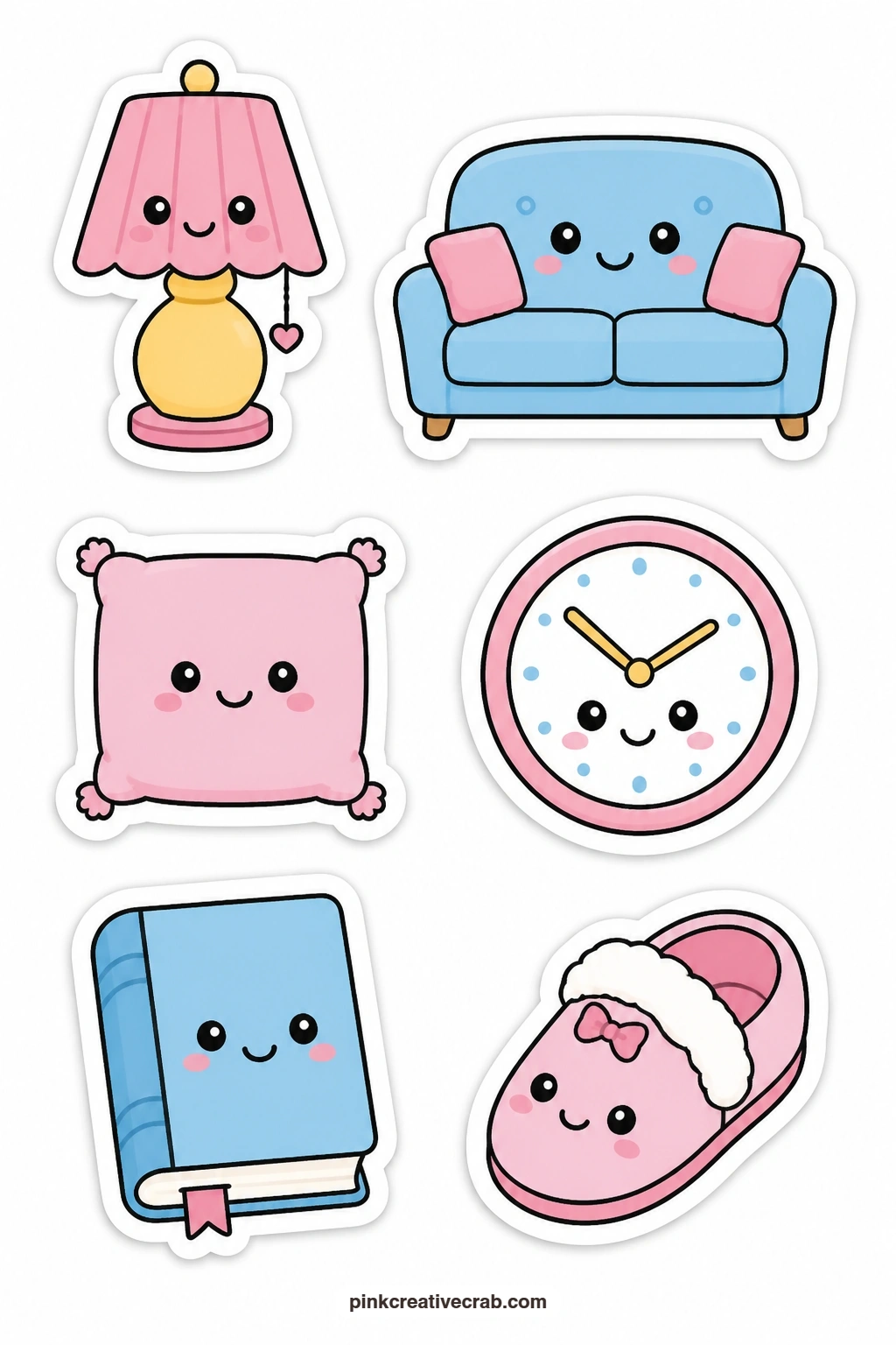 Kawaii Home Objects Stickers printable page — Give a cozy night-in page a set of characters: a lamp with a face, a sofa with a face, a pillow with a face, a