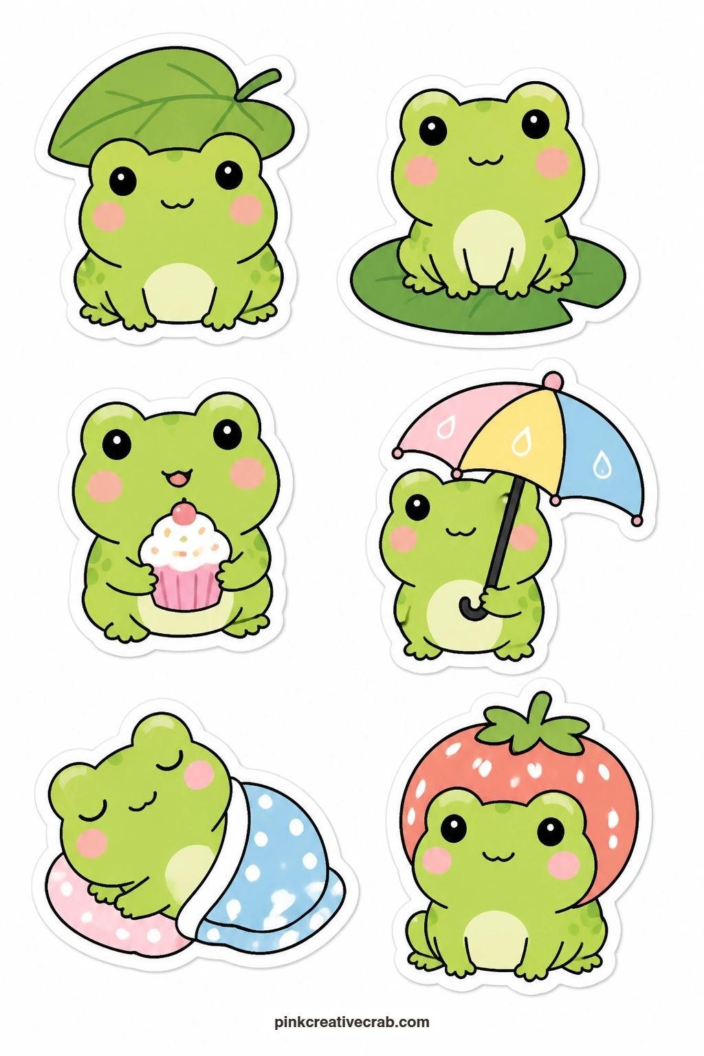 Kawaii Frogs Stickers printable page — Six frogs share this sheet in six different poses: one wearing a leaf hat, one sitting on a lily pad, one holding a