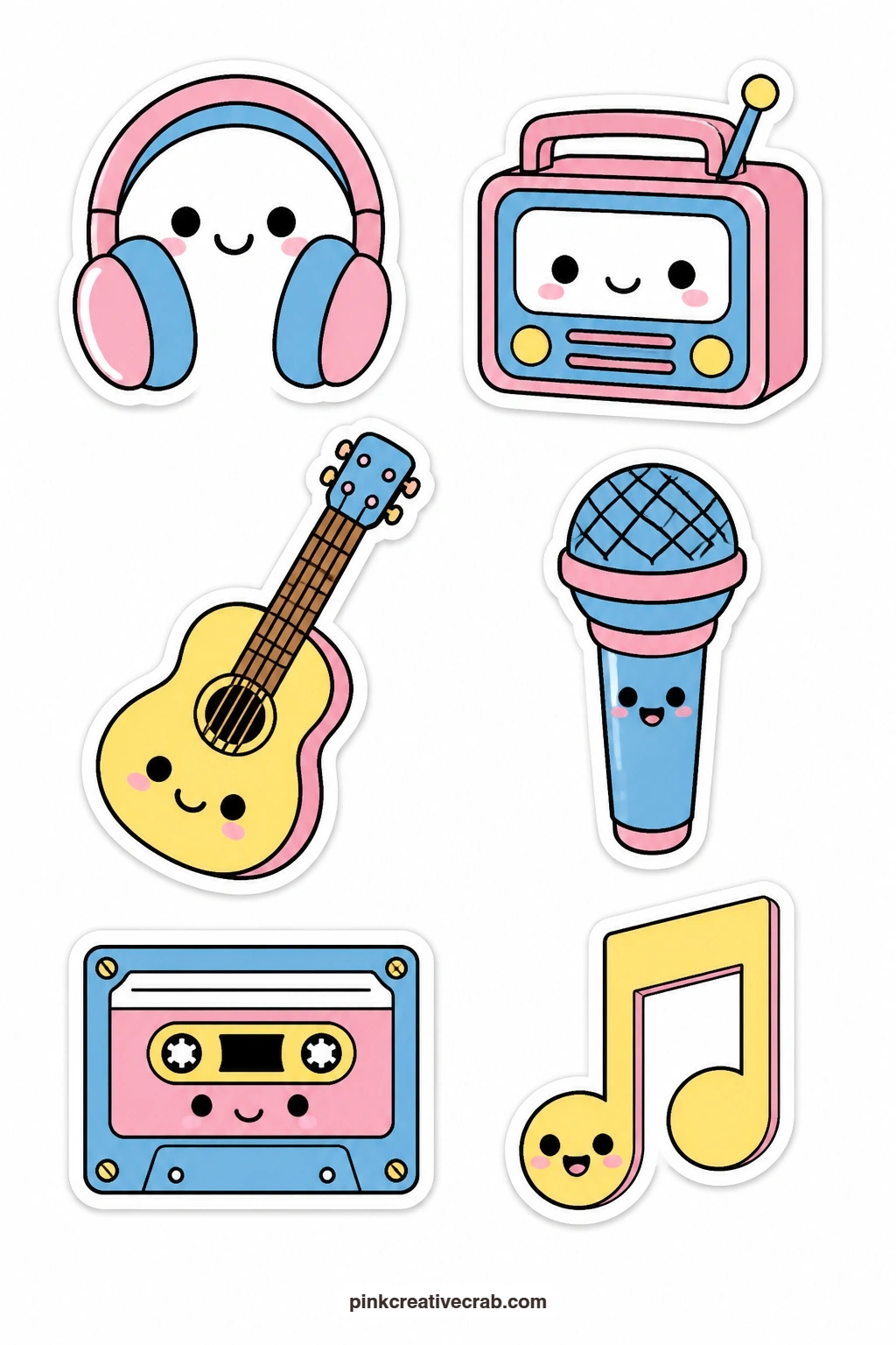 Kawaii Music Stickers printable page — Headphones, a radio, a guitar, a microphone, a cassette tape and a music note all get faces on this sheet, six