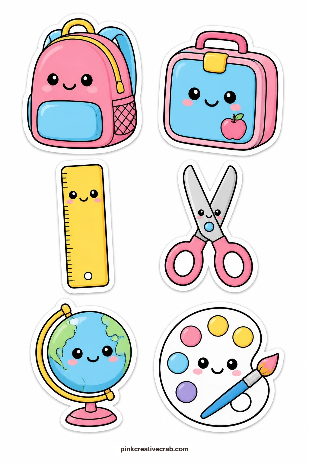 Kawaii School Stickers printable page — Six study essentials carry faces on this sheet: a backpack, a lunch box, a ruler, a pair of scissors, a globe and a