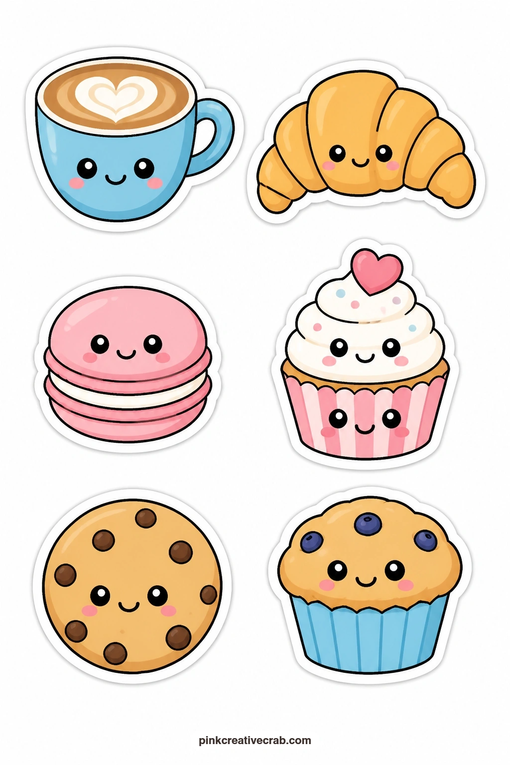 Kawaii Cafe Stickers printable page — A latte, a croissant, a macaron, a cupcake, a cookie and a muffin, all smiling, fill this cafe-themed sheet, suited to