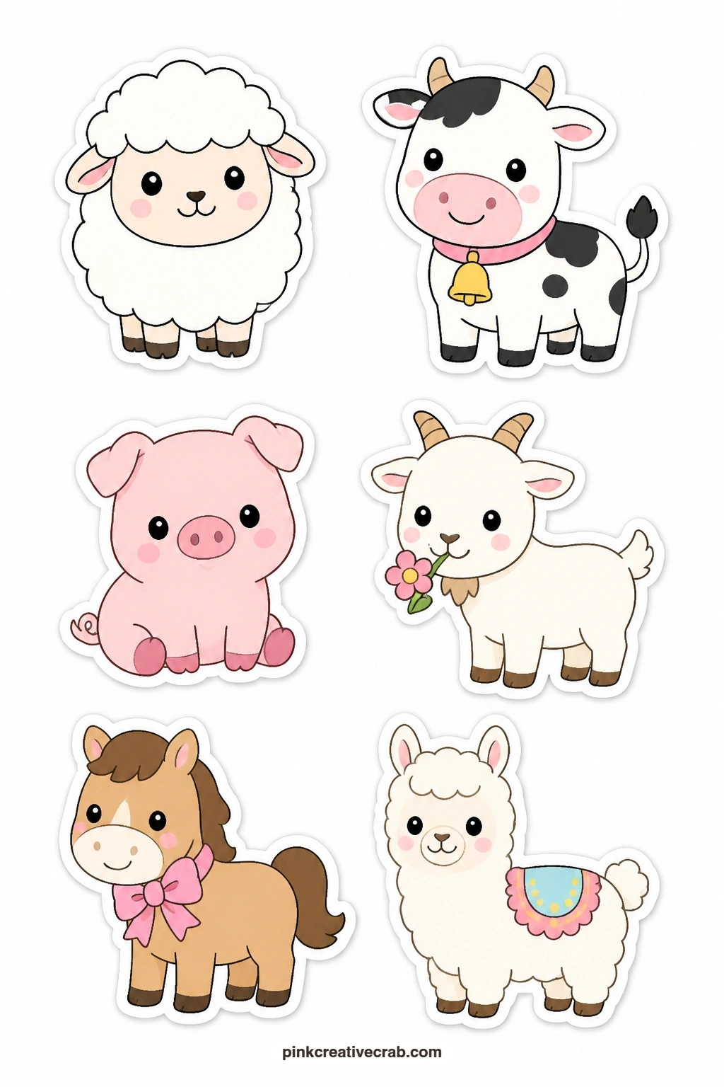 Kawaii Farm Stickers printable page — Six farm animals carry small personalities here: a sheep with a face, a cow wearing a bell, a pig with blush, a goat