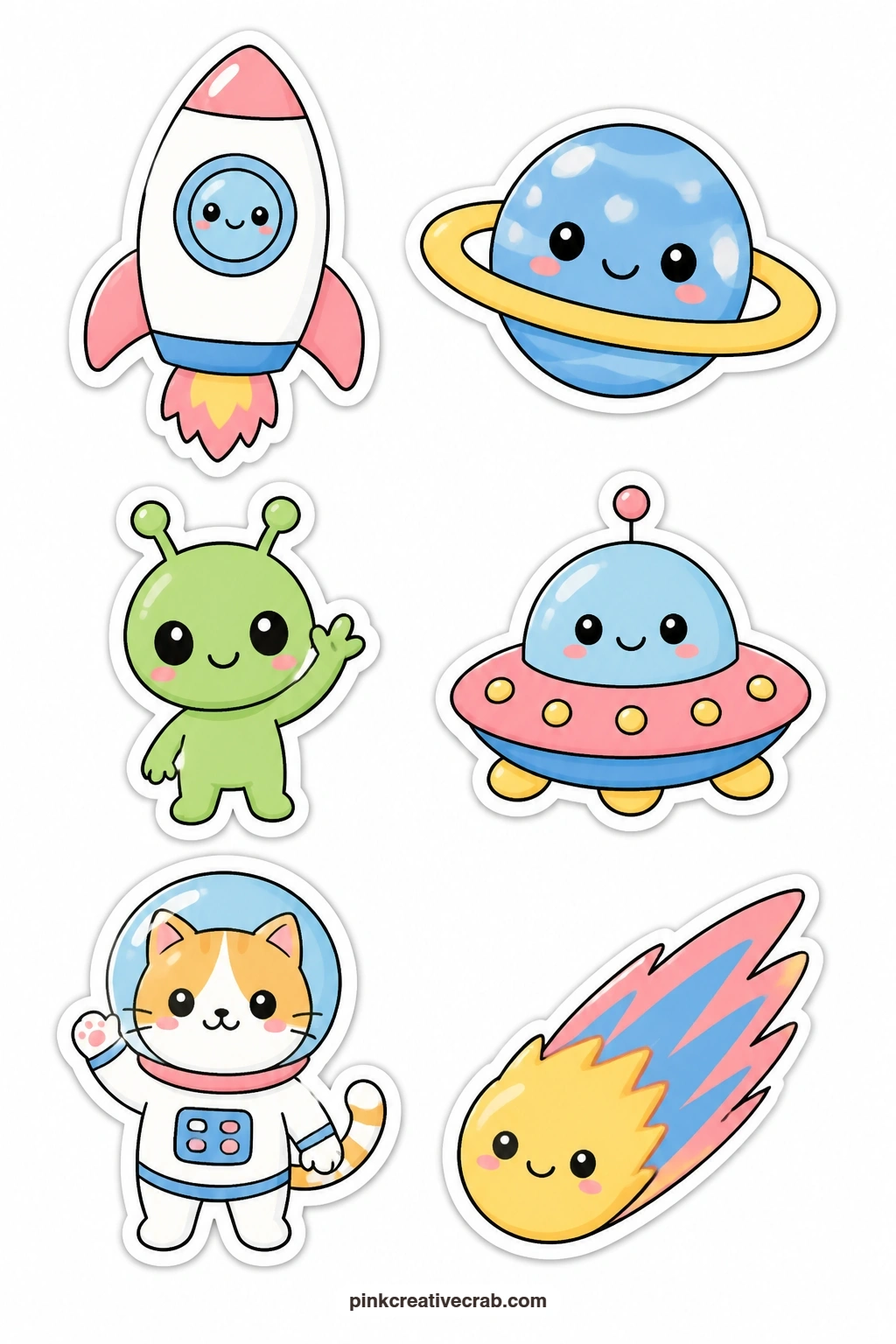Kawaii Space Stickers printable page — A rocket with a face, a ringed planet with a face, a blushing alien, a flying saucer with a face, an astronaut cat and a