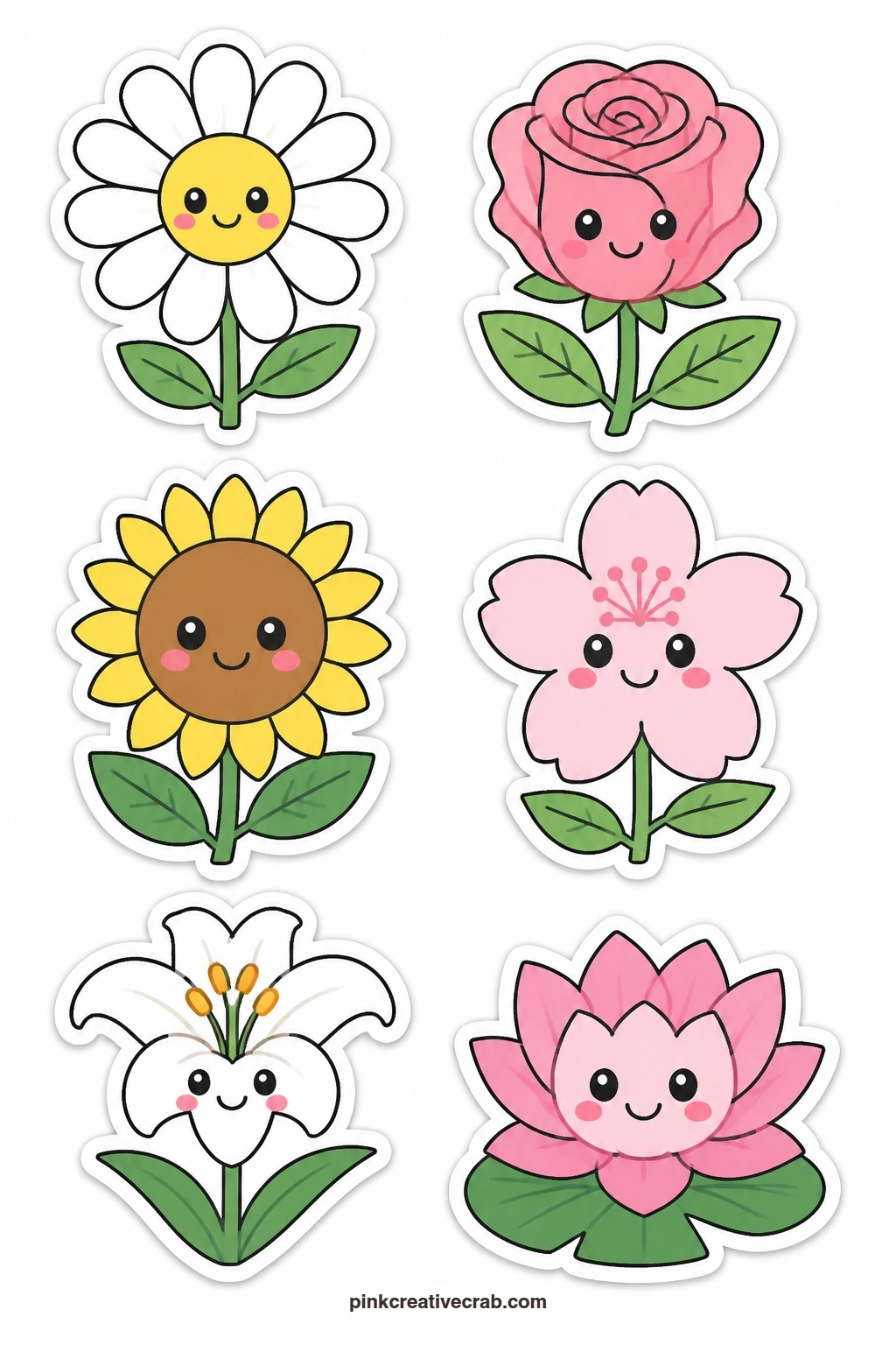 Kawaii Flowers Stickers printable page — Six flowers get the kawaii treatment on this sheet: a daisy, a rose, a sunflower, a sakura blossom, a lily and a