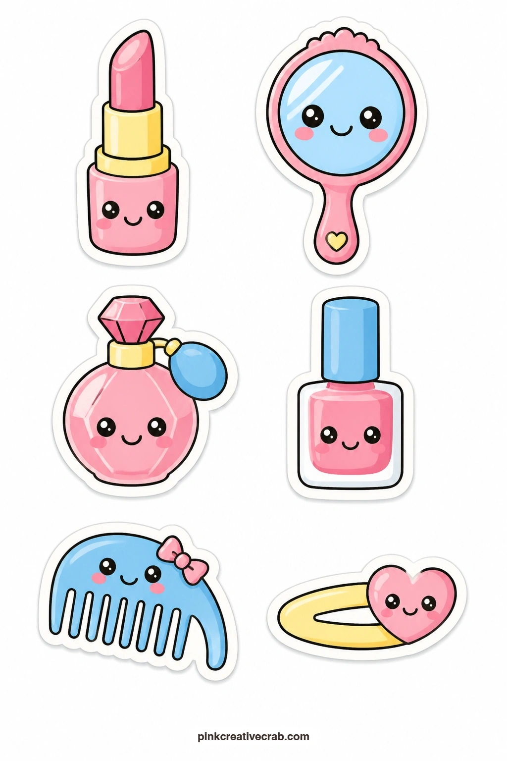 Kawaii Beauty Stickers printable page — A lipstick, a hand mirror, a perfume bottle, a nail polish, a comb and a hair clip all carry small faces on this sheet
