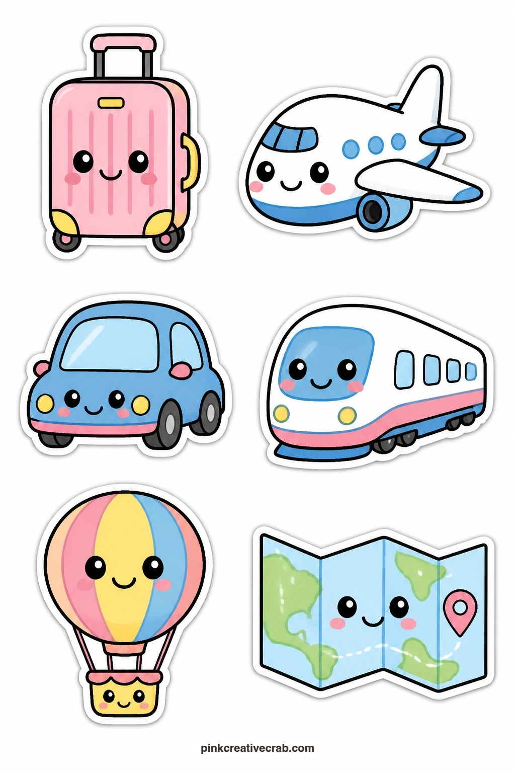 Kawaii Travel Stickers printable page — Closing out the set, this sheet covers a suitcase with a face, a plane with a face, a car with a face, a train with a
