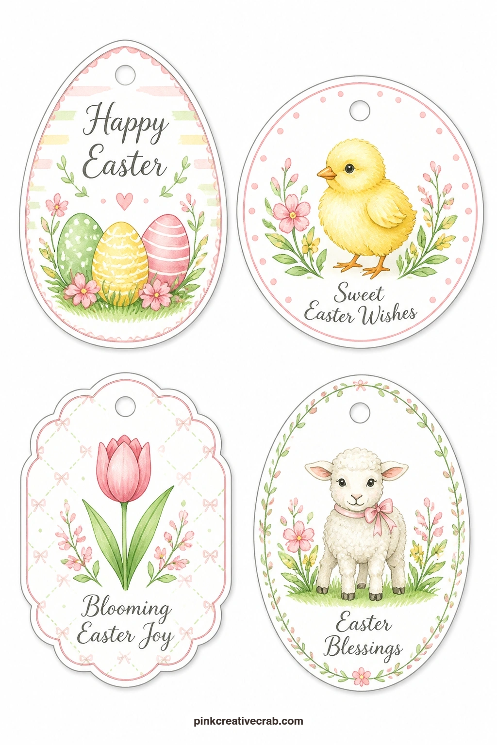 Pastel Eggs and Spring Blooms printable page — Stripes, a chick and a tulip share this first sheet, pastel against clean white so the colours stay fresh once