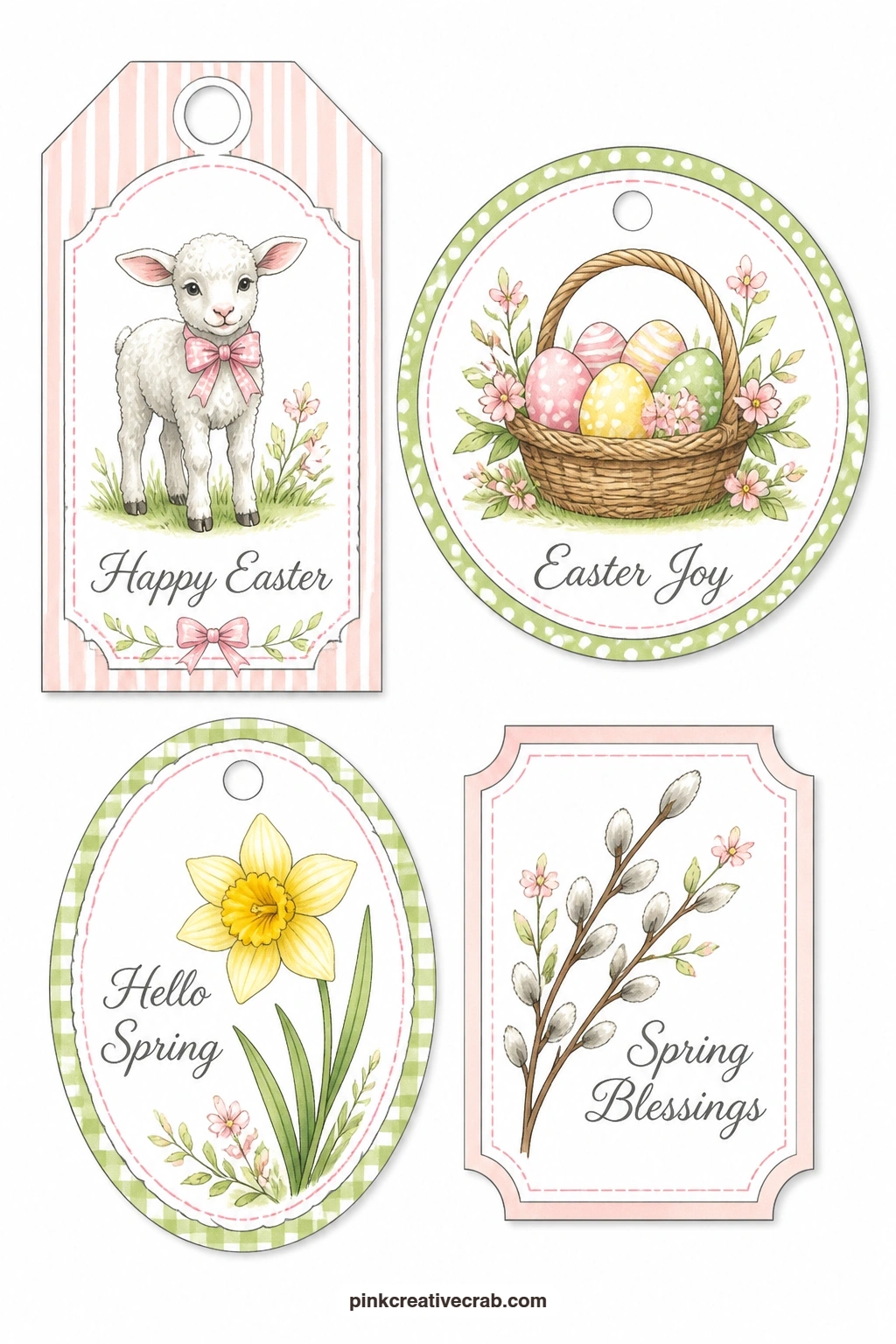 Lamb and Basket Favourites printable page — A luggage tag with a lamb, a round tag with a basket of eggs, an oval tag with a daffodil and a ticket label with