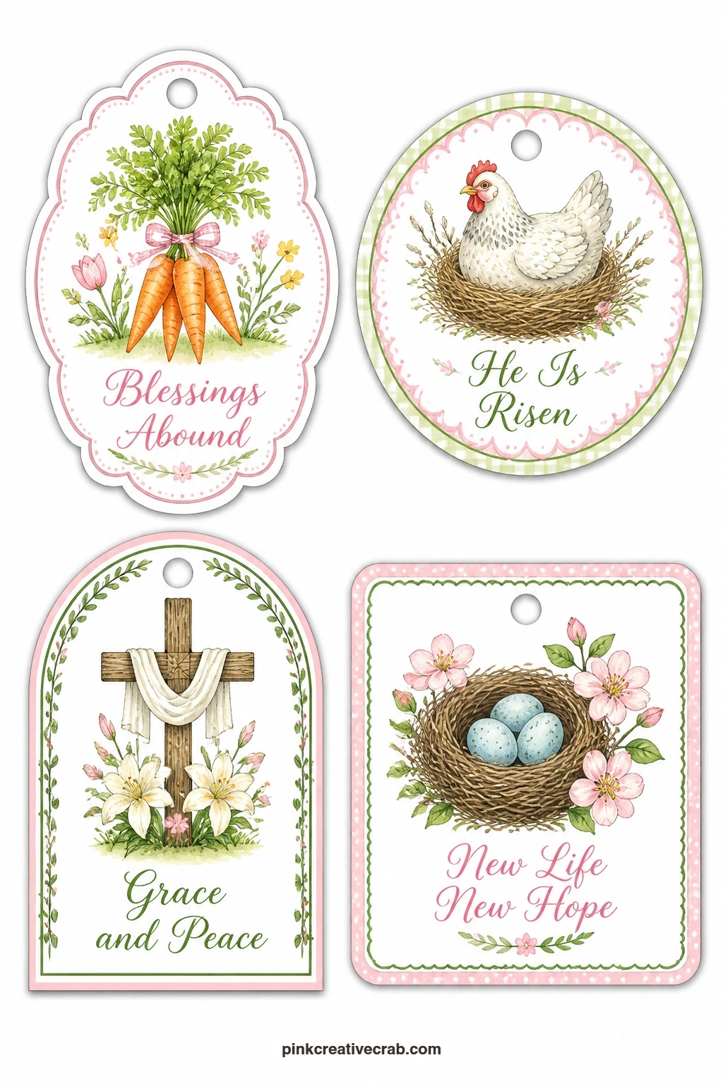 Garden and Faith Corner printable page — Carrots, a nesting hen, a wooden cross with lilies and a robin's egg nest sit together on this sheet, giving you a