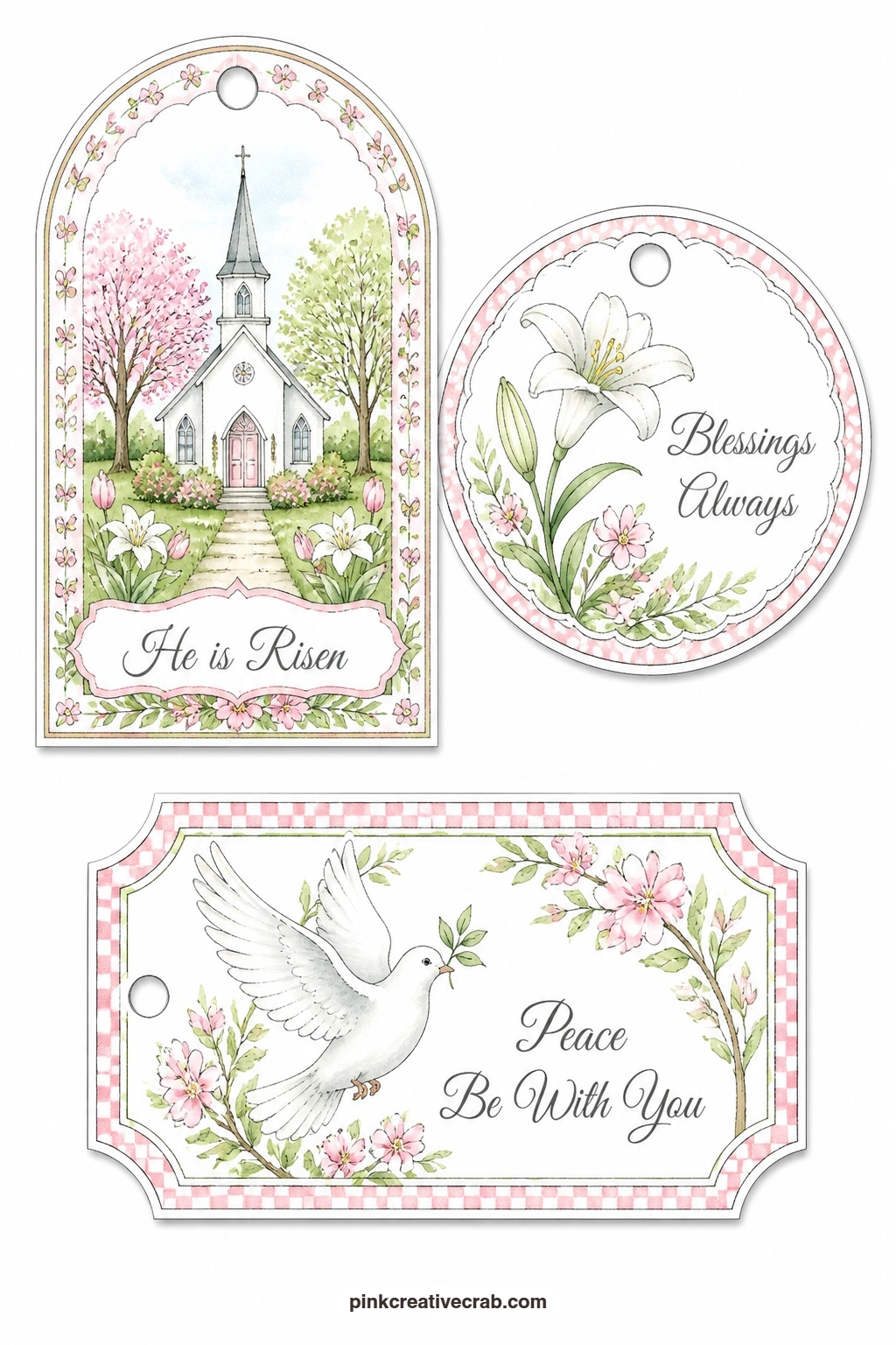Church and Dove printable page — A church among spring trees, a single white lily and a dove on a ticket label make a quiet set for anyone sending an Easter