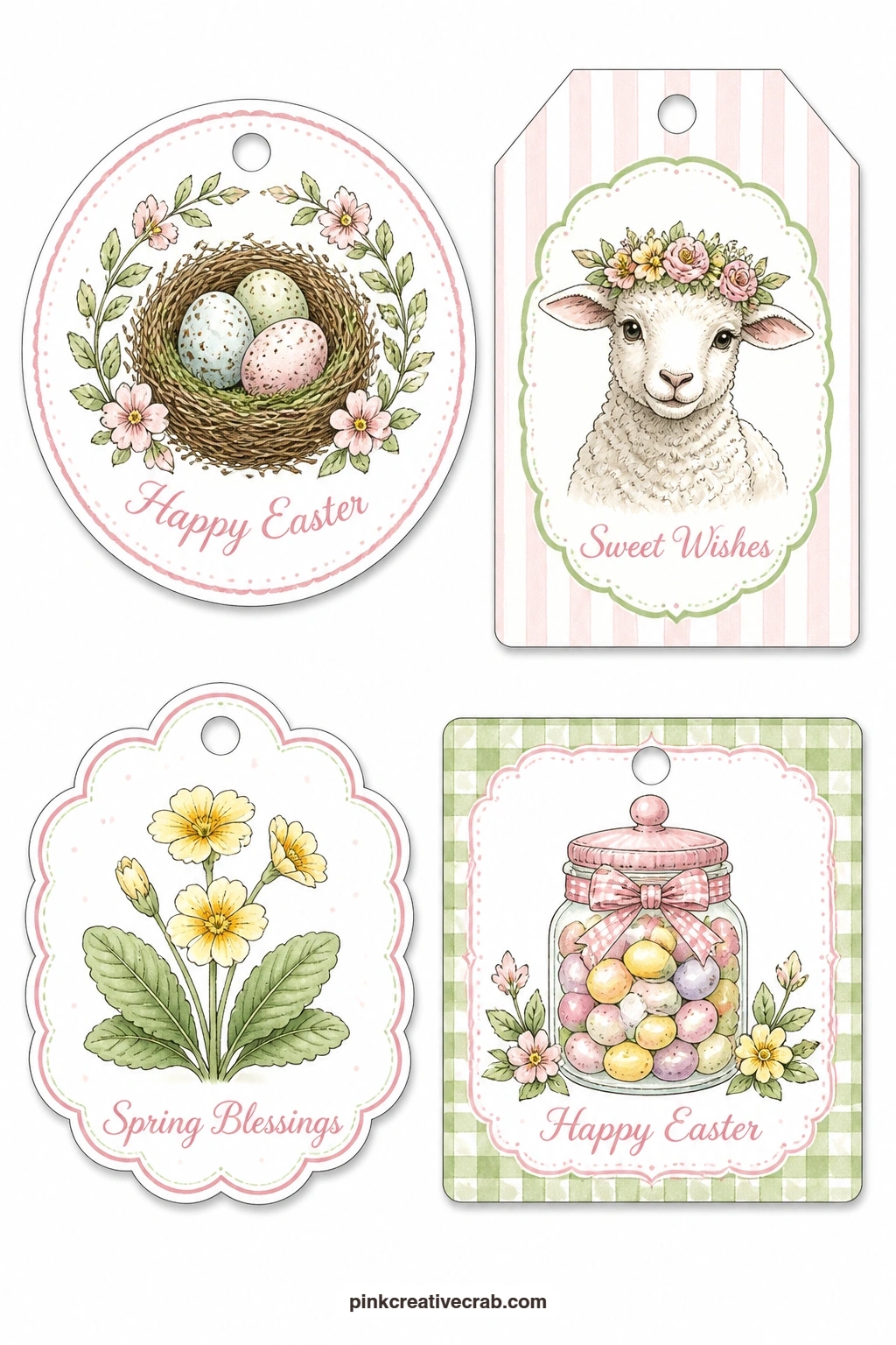 Nests and Flower Crowns printable page — Speckled eggs in a nest, a lamb wearing a flower crown, a primrose and a jar of jelly beans round out this sheet, four