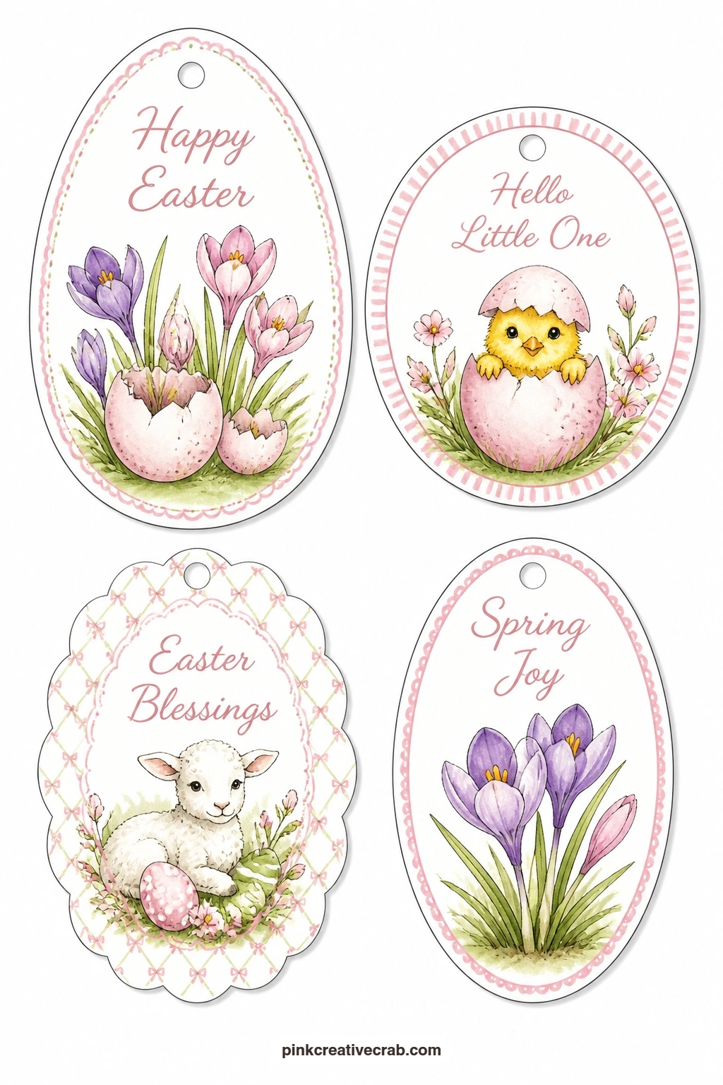 Cracked Shells and Crocus printable page — Painted flowers on an egg tag, a chick peeping from a cracked shell and a crocus on an oval tag make a soft three
