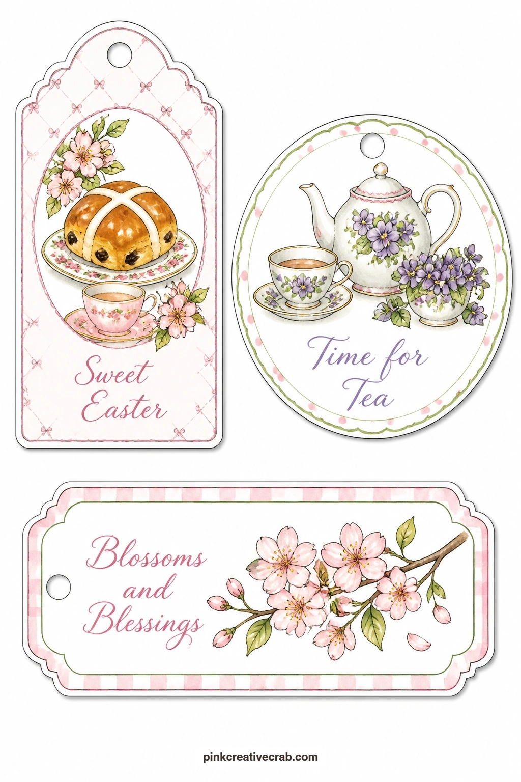 Teatime and Blossom printable page — A hot cross bun, a teapot with violets and a sprig of cherry blossom suit a gift of tea and baked treats, and if you enjoy