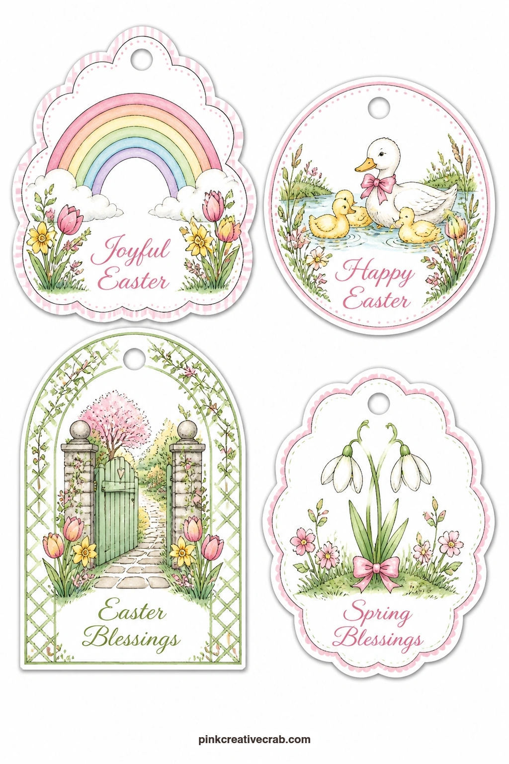 Rainbows and Garden Gates printable page — A cloud tag with a rainbow, a duck family, a garden gate and a snowdrop cover four different shapes on one sheet