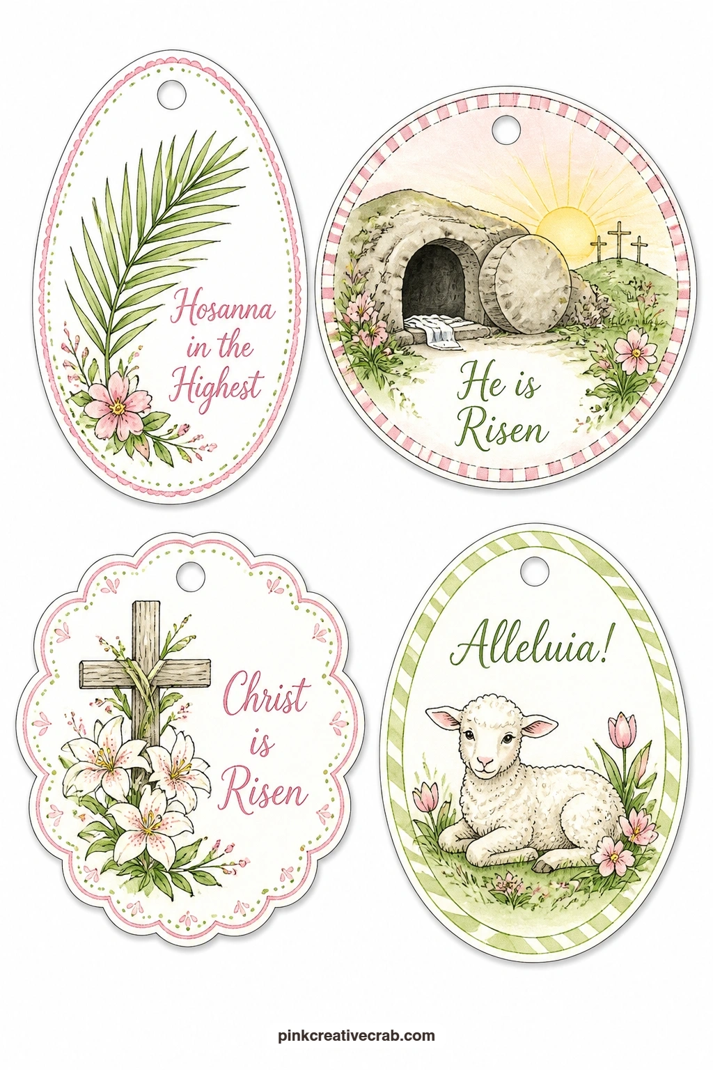 Palms and the Empty Tomb printable page — A palm frond, the empty tomb at sunrise and a cross made of lilies make a gentle three tag set for Easter Sunday